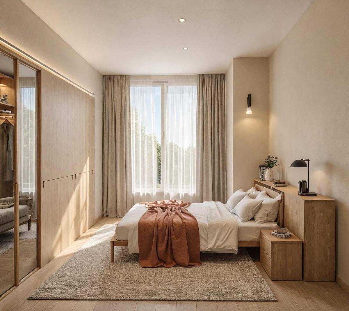 Helles Schlafzimmer mit Holzboden, Einbauschränken und großem Fenster für viel Tageslicht.