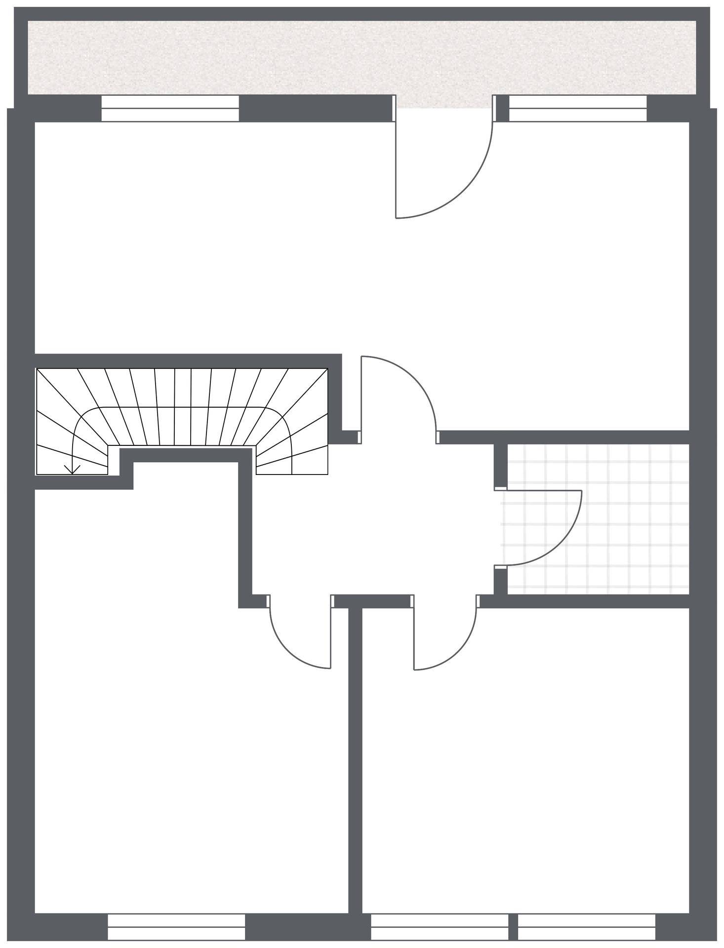 Grundrissplan einer Etage mit Treppenaufgang und mehreren Räumen.