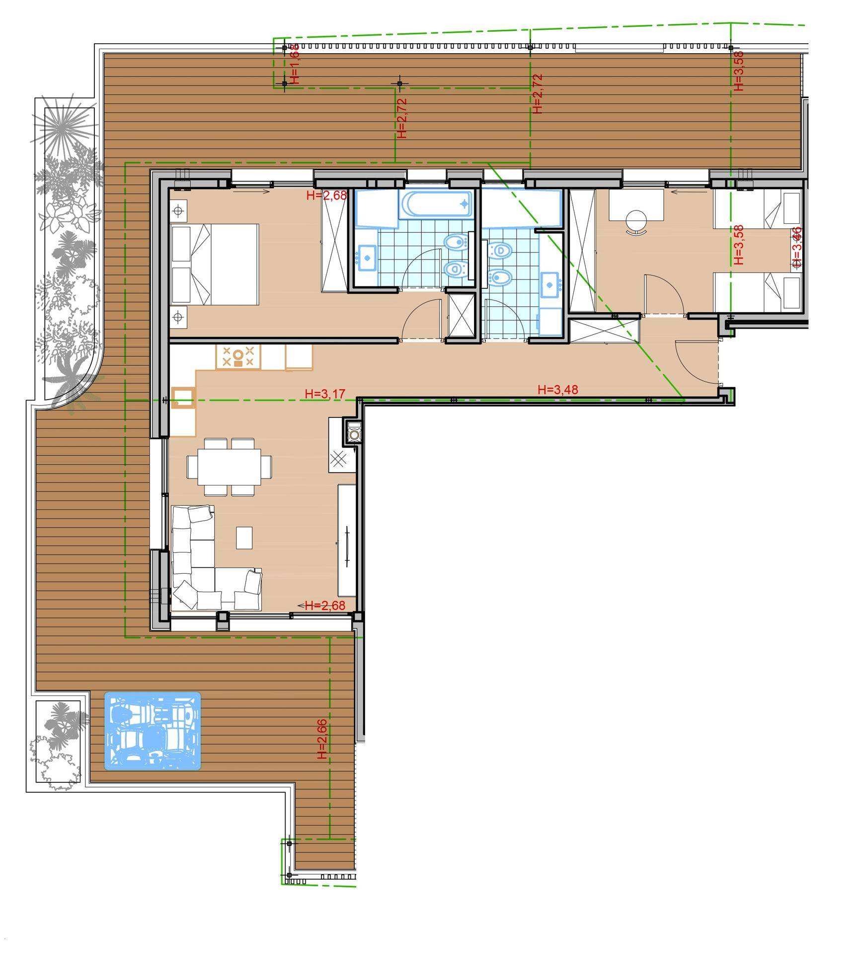 Grundriss einer Wohnung mit großer L-förmiger Terrasse, Schlafzimmer und offenem Wohnbereich.