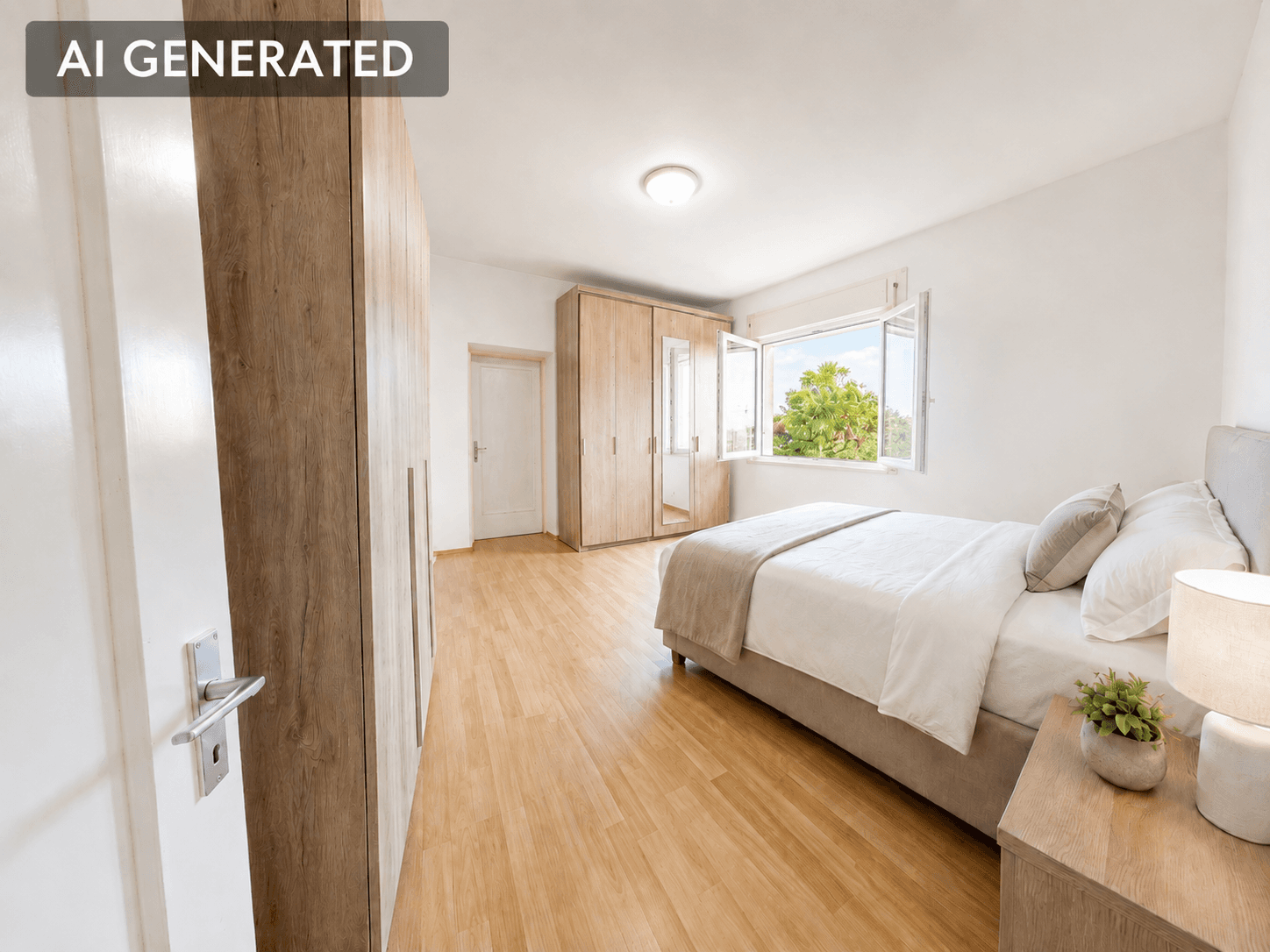 Helles Schlafzimmer mit Holzboden, großem Kleiderschrank und Fenster mit Blick ins Grüne.