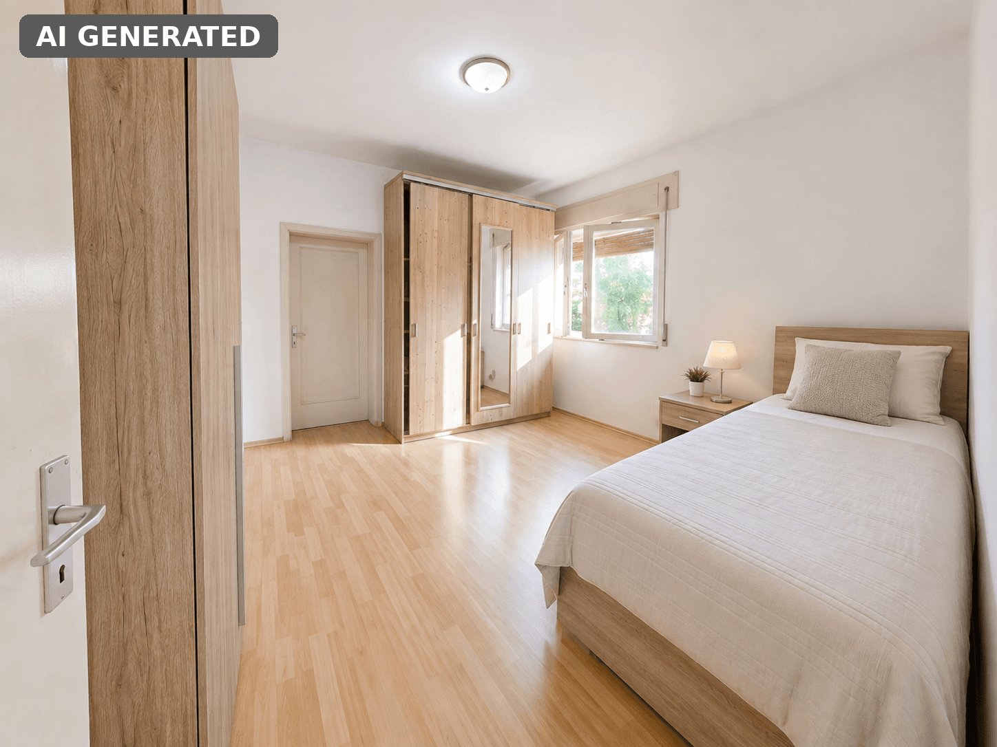 Geräumiges Schlafzimmer mit Holzboden, großem Kleiderschrank und viel natürlichem Licht.