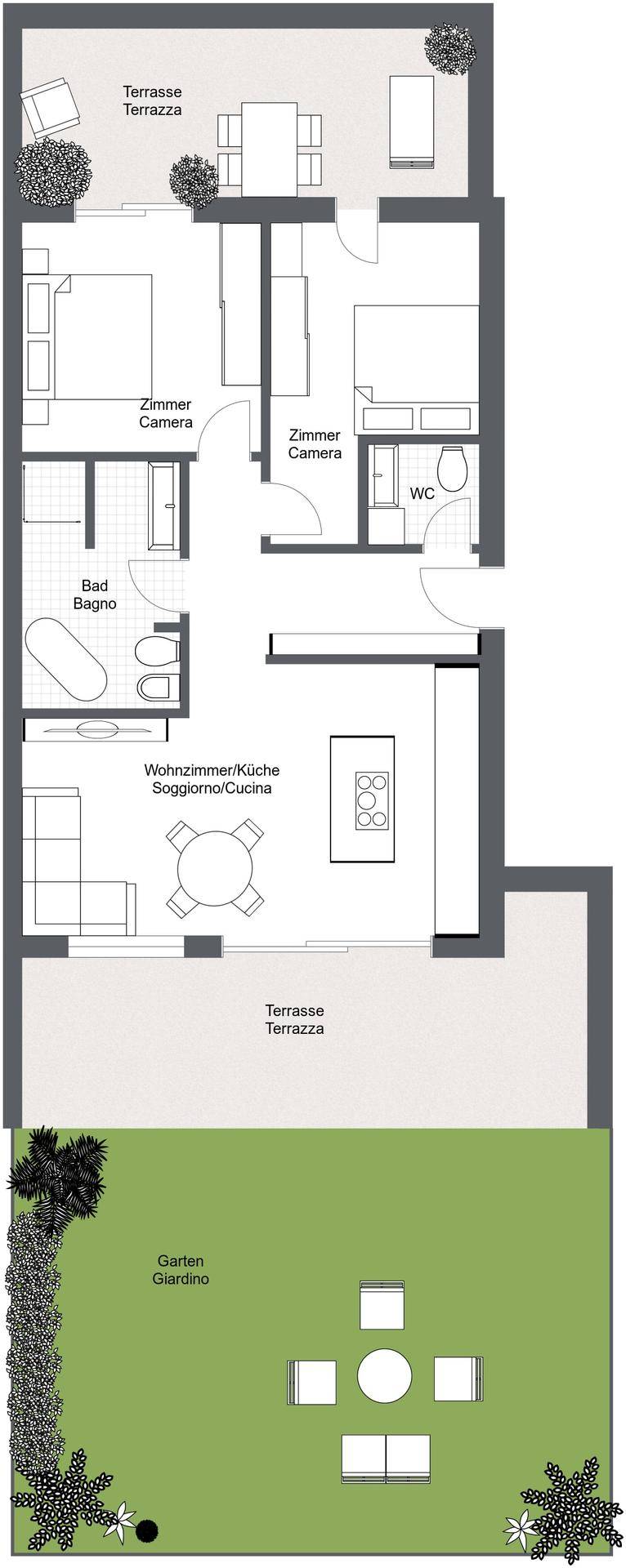Grundriss der Wohnung mit zwei Schlafzimmern, zwei Bädern und Terrasse.