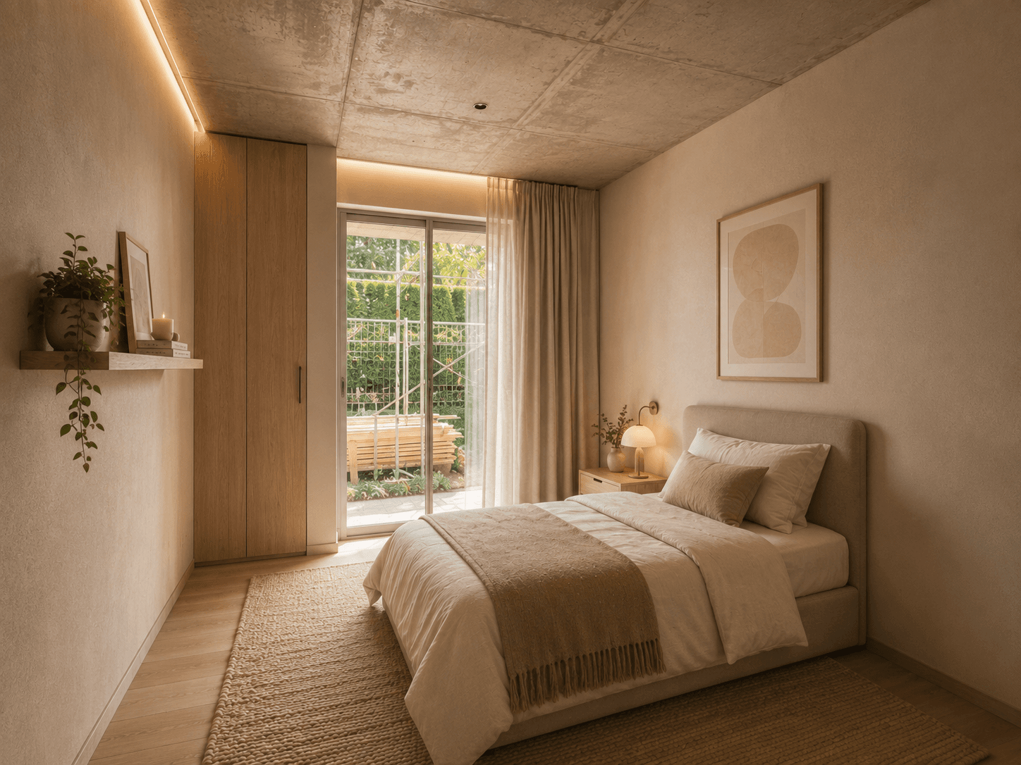 Helles Schlafzimmer mit Einzelbett, Einbauschrank und Schiebetür zum privaten Außenbereich.