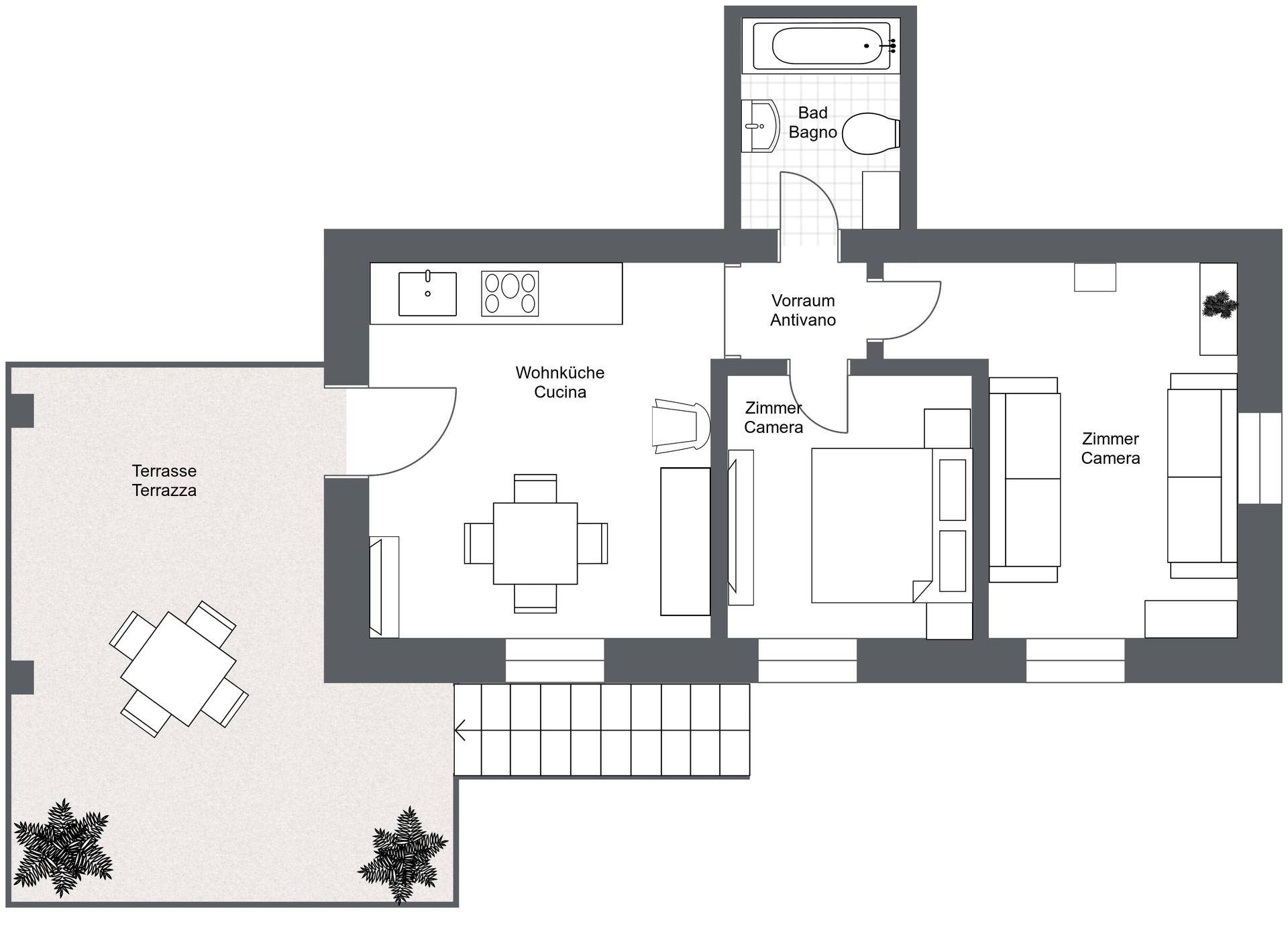 Grundriss einer Wohnung mit Wohnküche, Schlafzimmer, Bad und großer Terrasse.