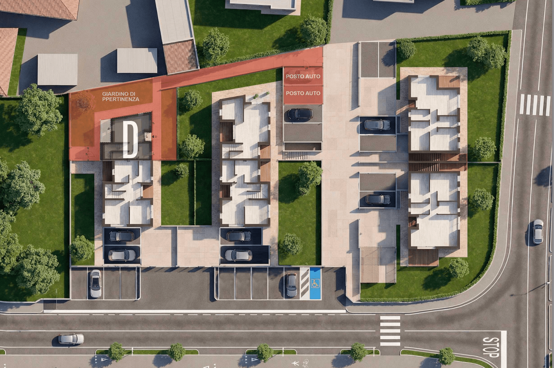 Übersichtsplan der Wohnanlage mit mehreren Einheiten, Parkplätzen und Grünflächen.