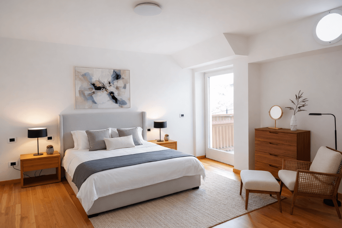 Modern eingerichtetes Schlafzimmer mit Holzboden, großem Bett und Balkonzugang.