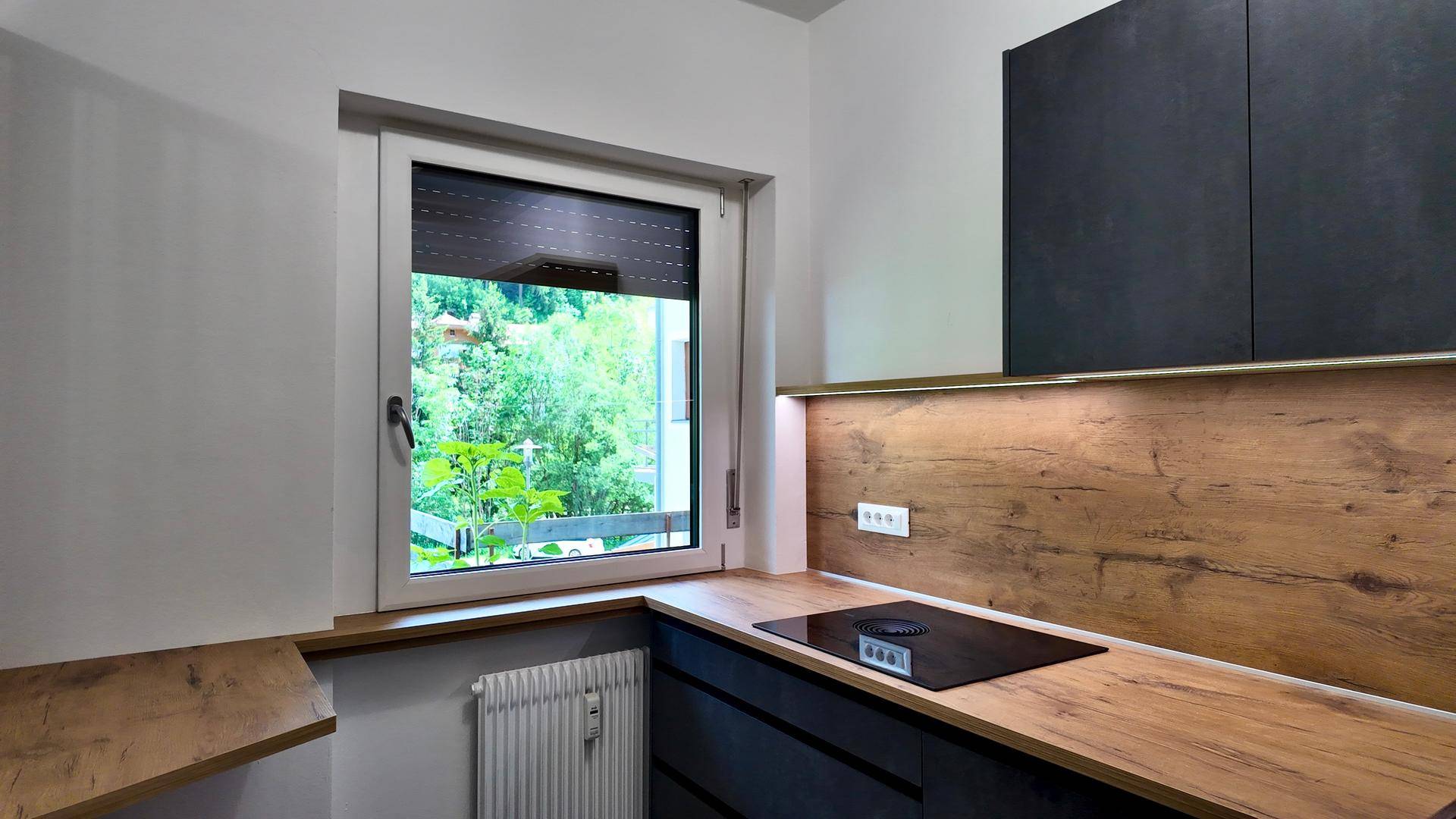 Küchenarbeitsplatte mit Induktionskochfeld, Holzwandverkleidung und Fenster mit Blick ins Grüne.