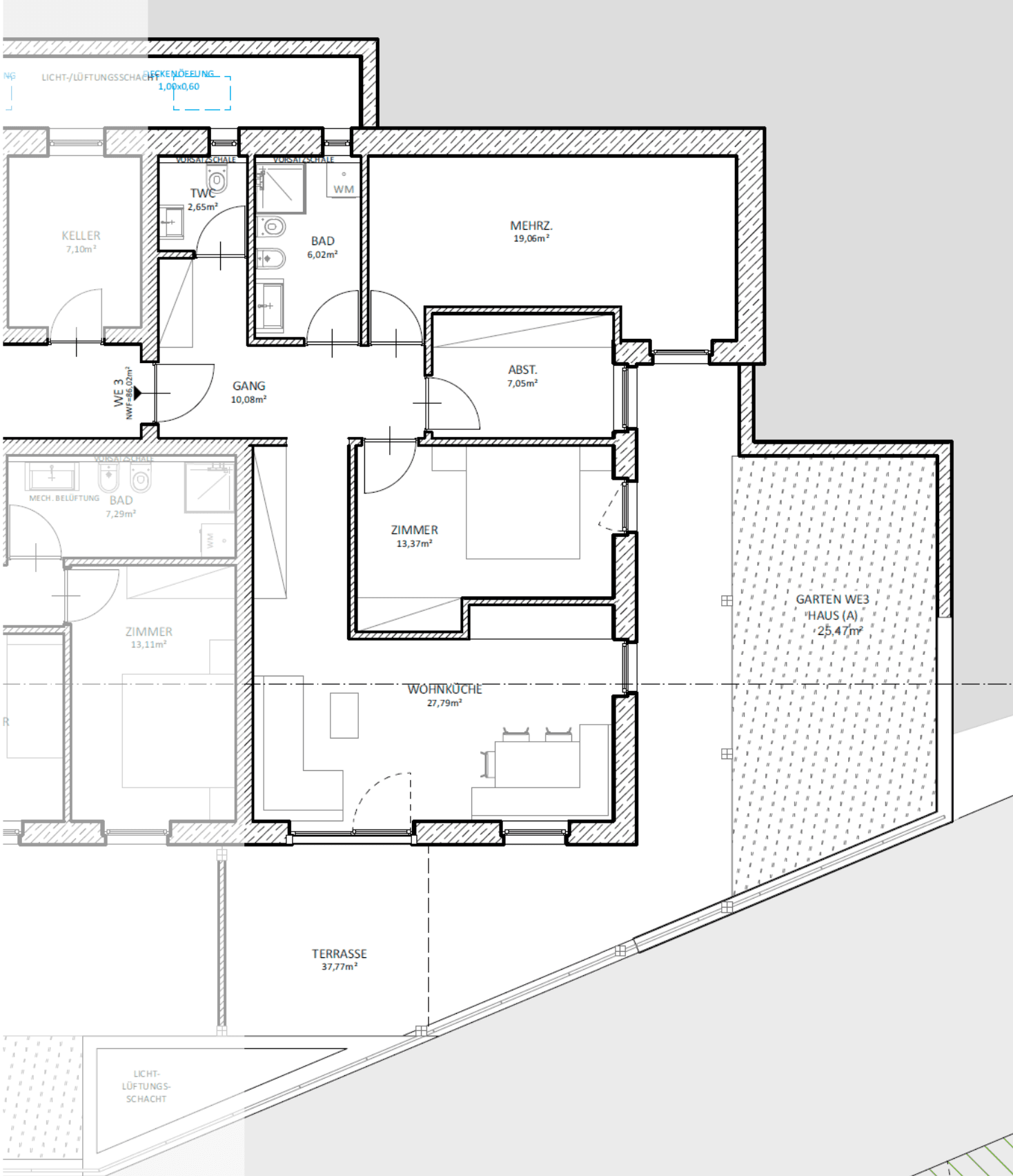 Detaillierter Grundriss einer Wohnung mit mehreren Zimmern, Bad, Keller und großer Terrasse.