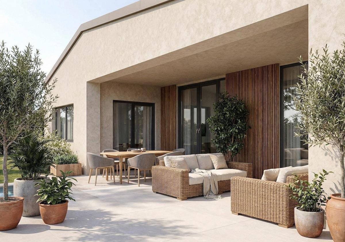 Geräumige Terrasse mit modernen Outdoor-Möbeln und Pflanzen, ideal für Mahlzeiten im Freien.