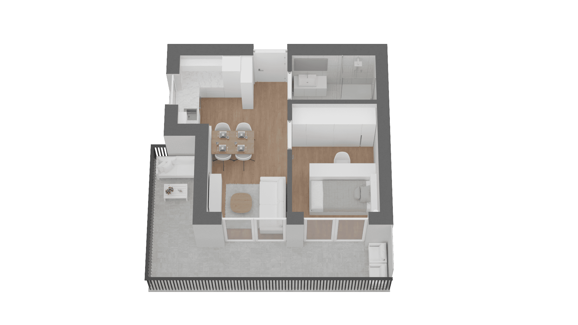 3D-Grundriss einer modernen Wohnung mit offener Wohnküche, Schlafzimmer, Bad und großem Balkon.