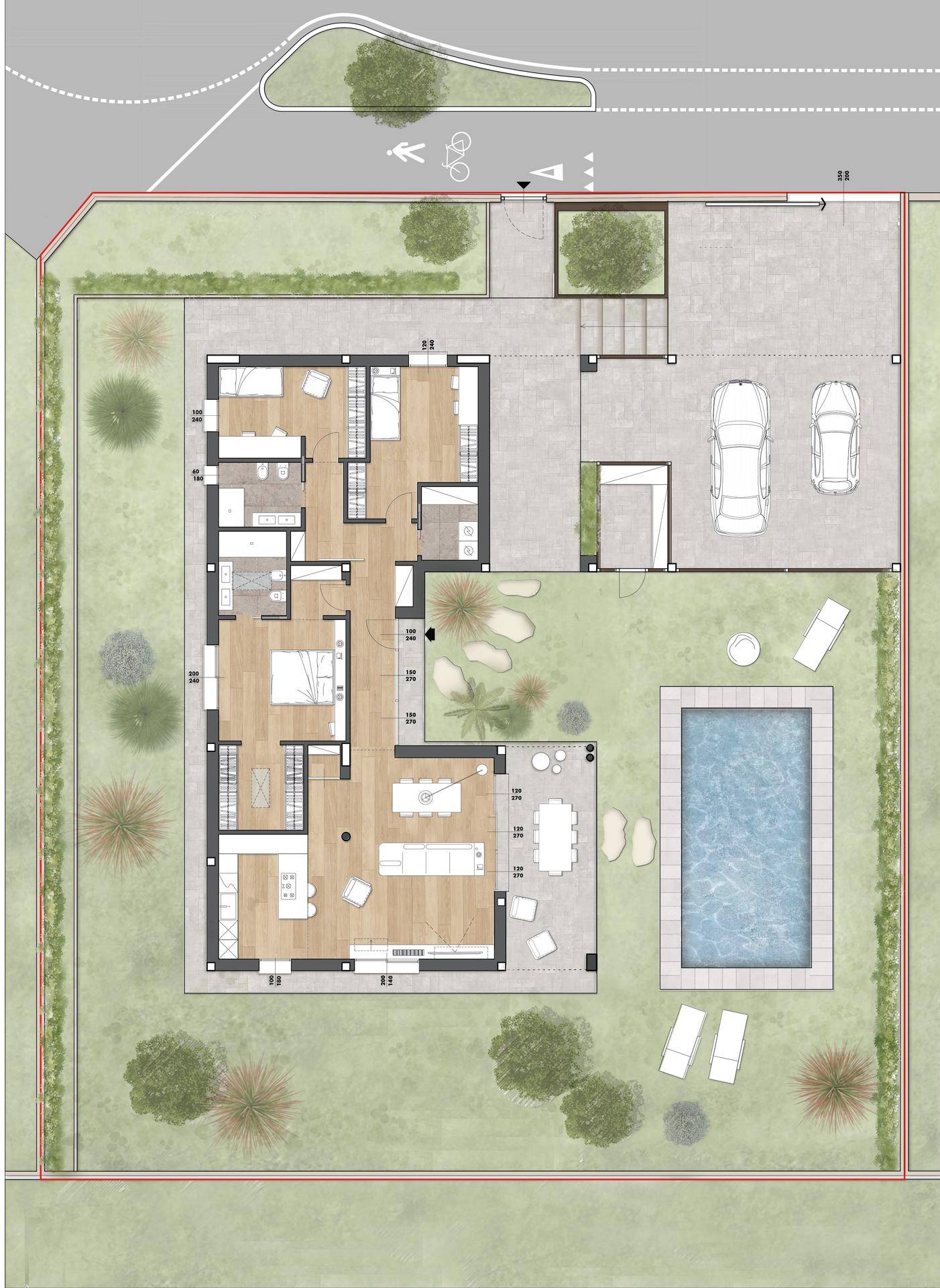 Detaillierter Grundriss einer Villa mit Pool, Garten, Garage und mehreren Zimmern.