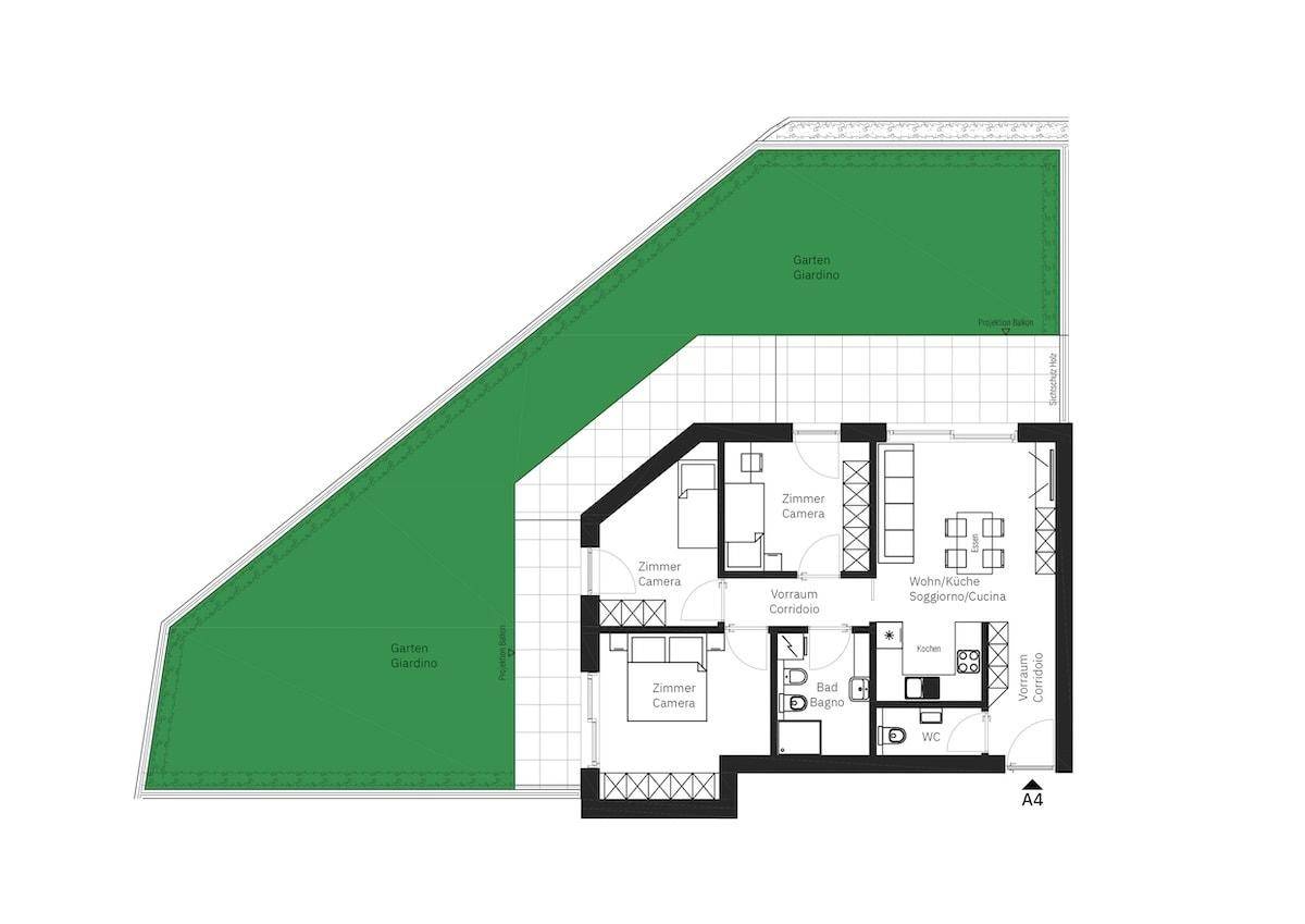 Grundriss einer Wohnung mit Gartenanteil, offenem Wohnbereich und zwei Schlafzimmern.