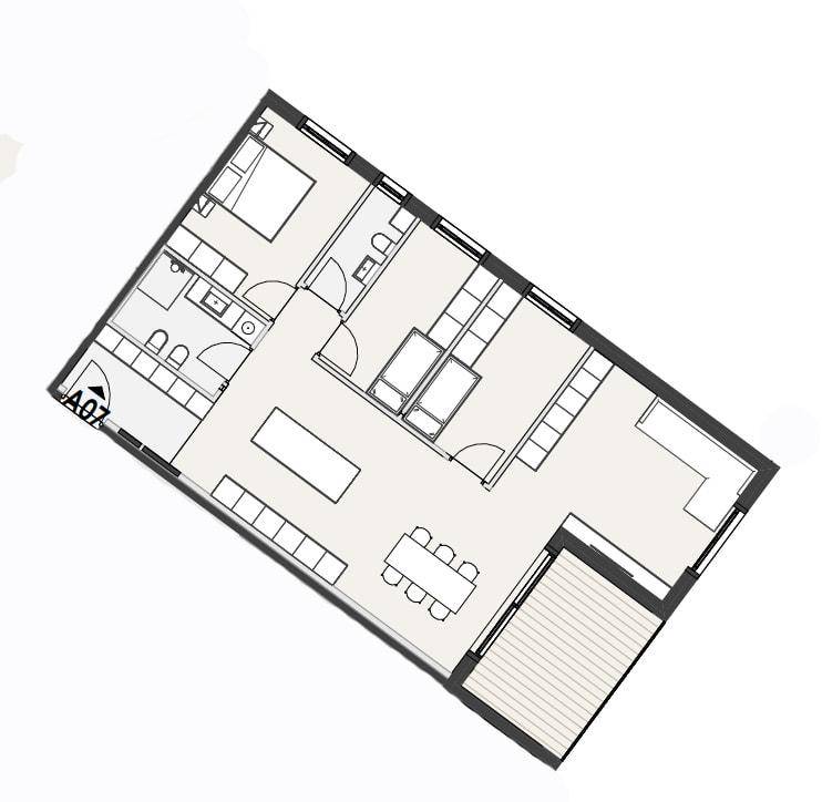 Übersichtlicher Grundriss einer Wohnung mit Schlafzimmer, Bad, offenem Wohnbereich und Balkon.