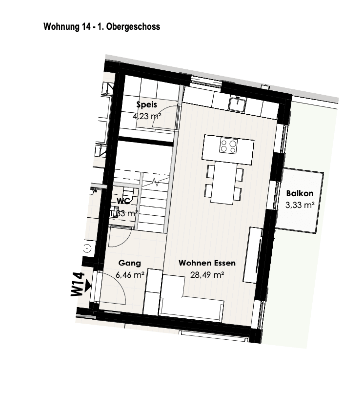 Grundriss des 1. Obergeschosses mit Wohn-Essbereich, Balkon und Speis.