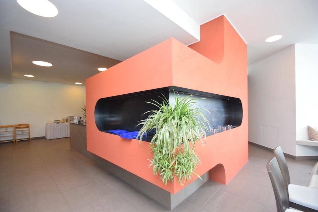 Moderner Essbereich mit auffälliger orangefarbener Wandgestaltung, Pflanzenakzenten und Fliesenboden.