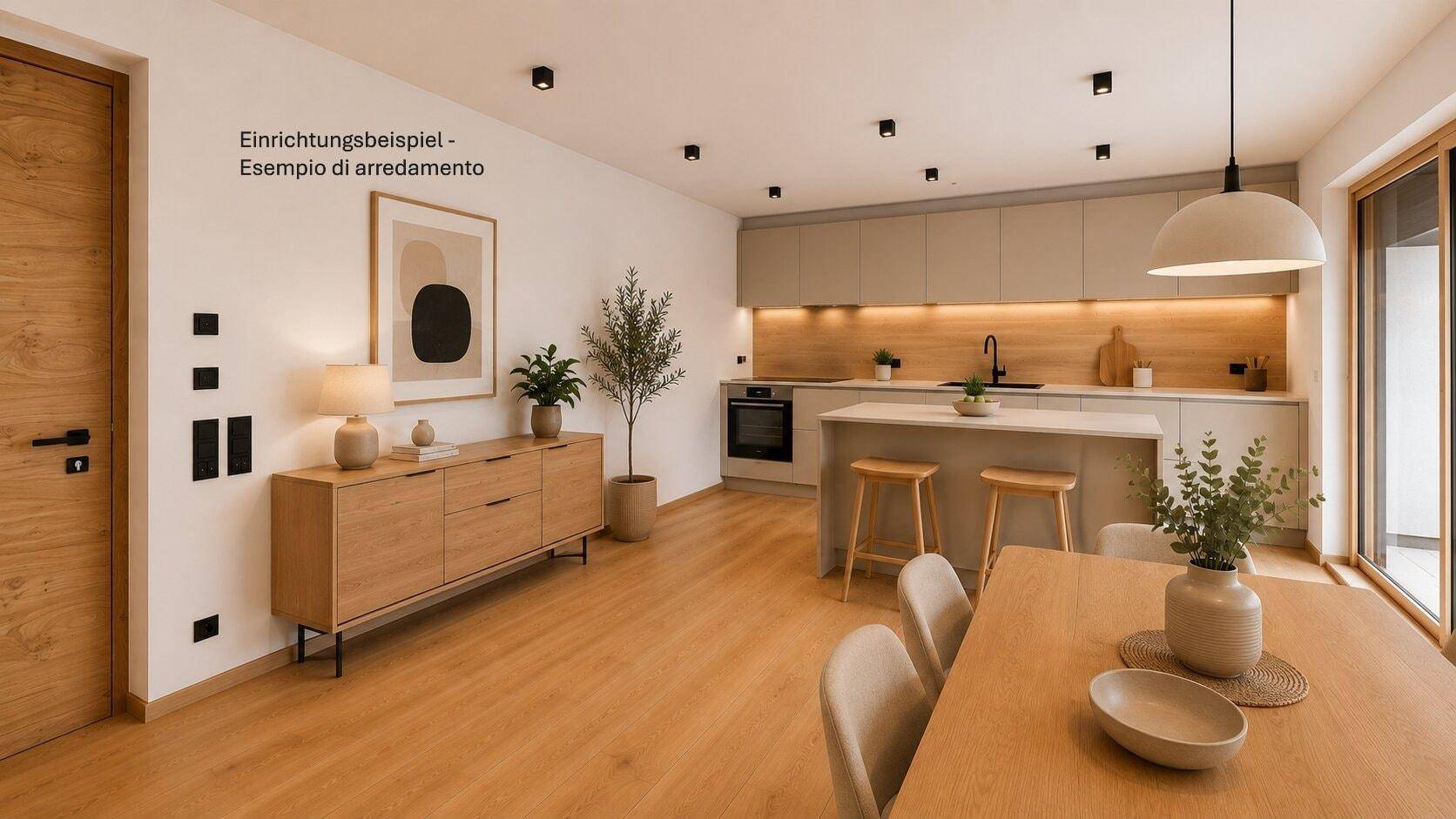 Geräumiger offener Wohnbereich mit integrierter Küche, Essbereich und modernem Sideboard.