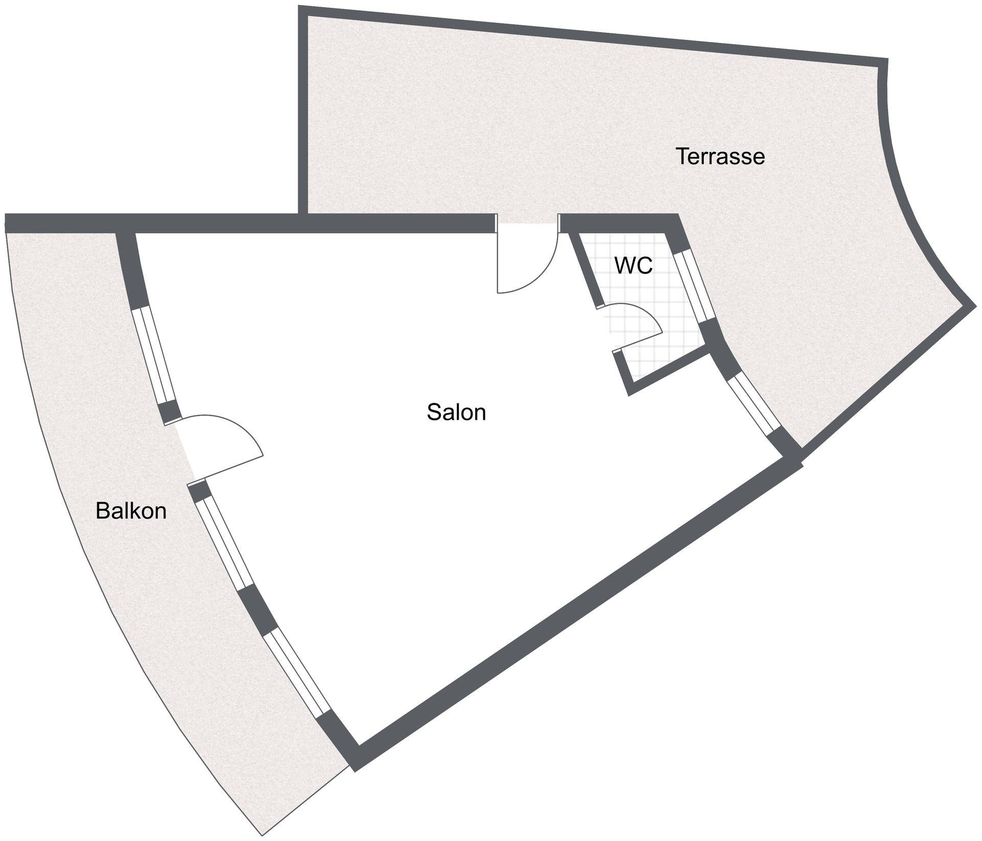 Grundriss mit Salon, WC, Balkon und Terrasse, zeigt die Raumaufteilung.