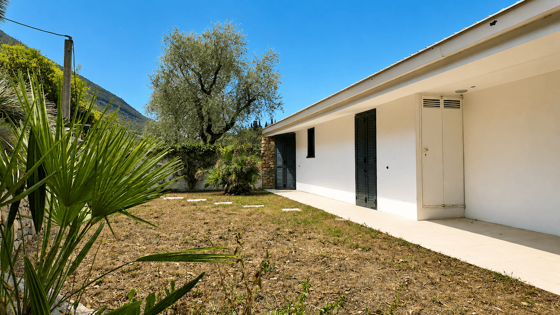 Seitenansicht eines weißen Hauses mit dunklen Fensterläden, umgeben von einem Garten mit Palmen und einem Olivenbaum.