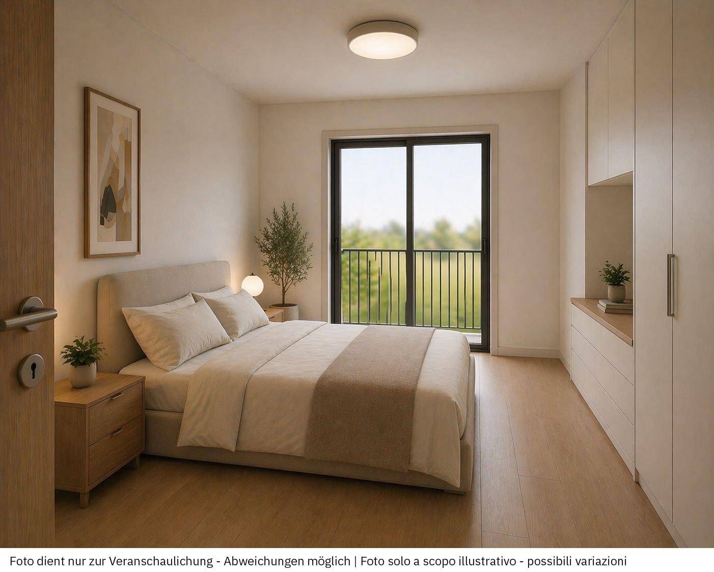 Helles Schlafzimmer mit modernem Bett, Einbauschränken und Zugang zum Balkon.