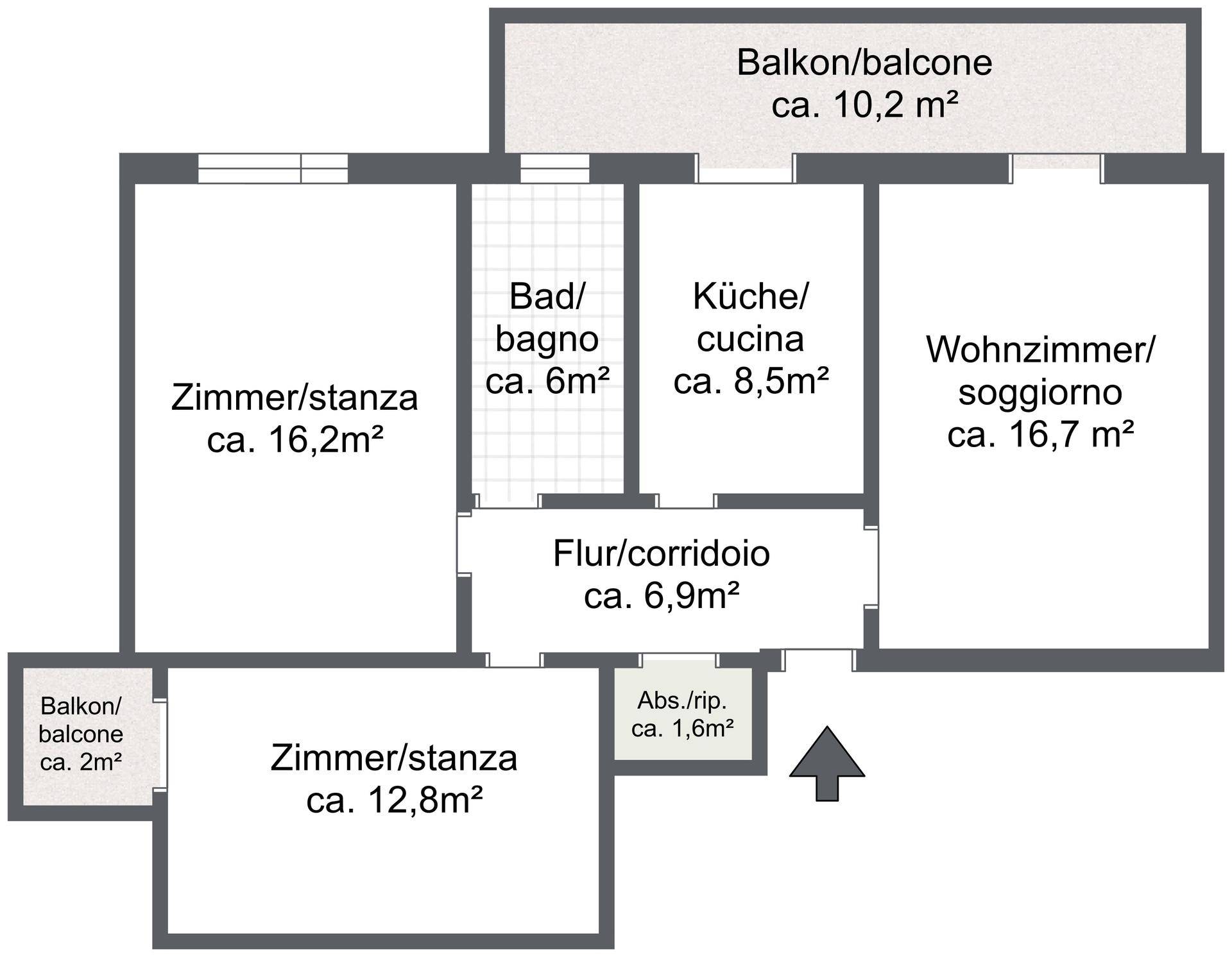 Grundriss einer Wohnung mit zwei Schlafzimmern, einem Wohnzimmer, Küche, Bad und zwei Balkonen.