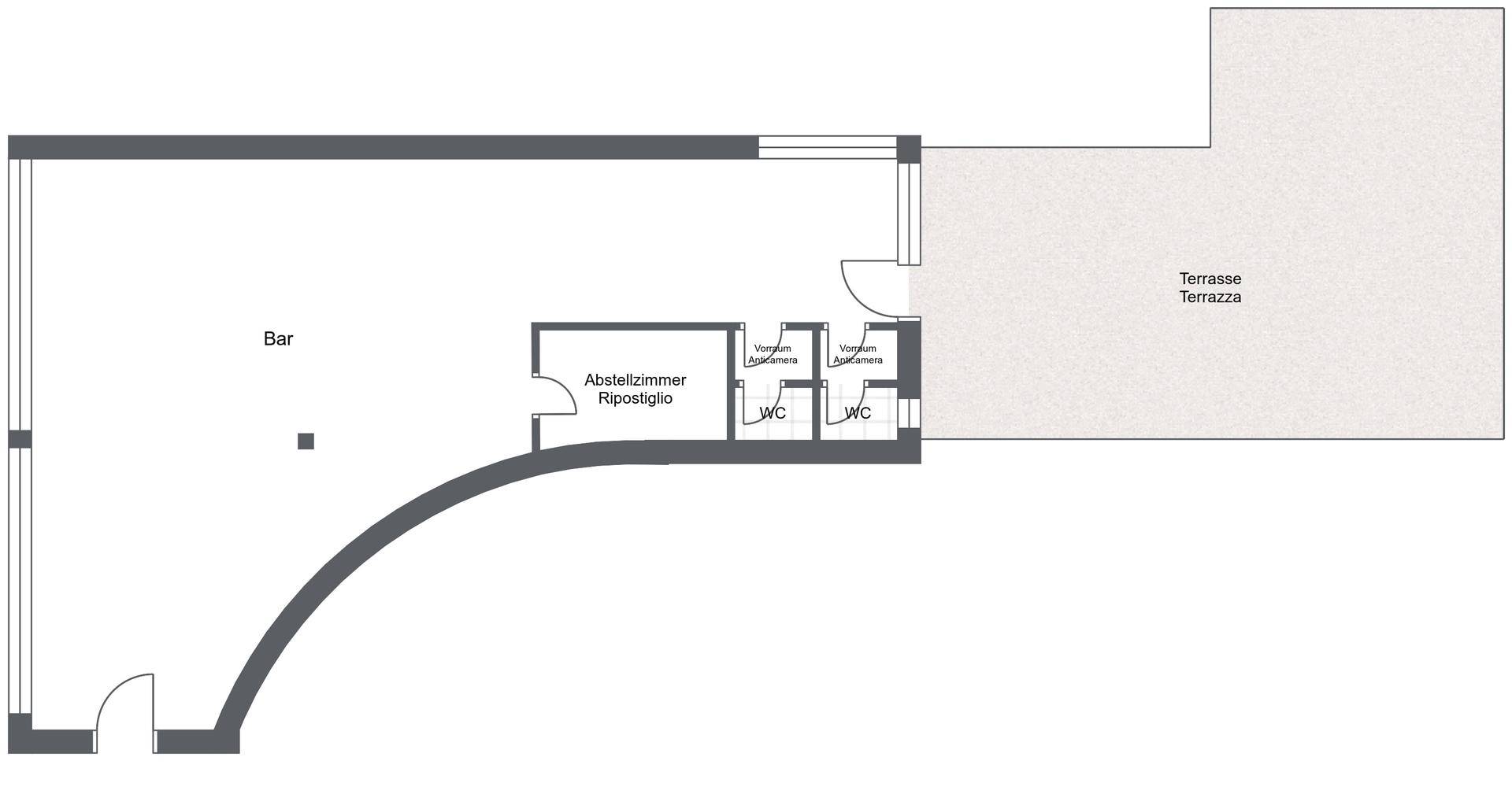 Grundriss einer Bar mit angrenzender großer Terrasse und separaten Toilettenbereichen.