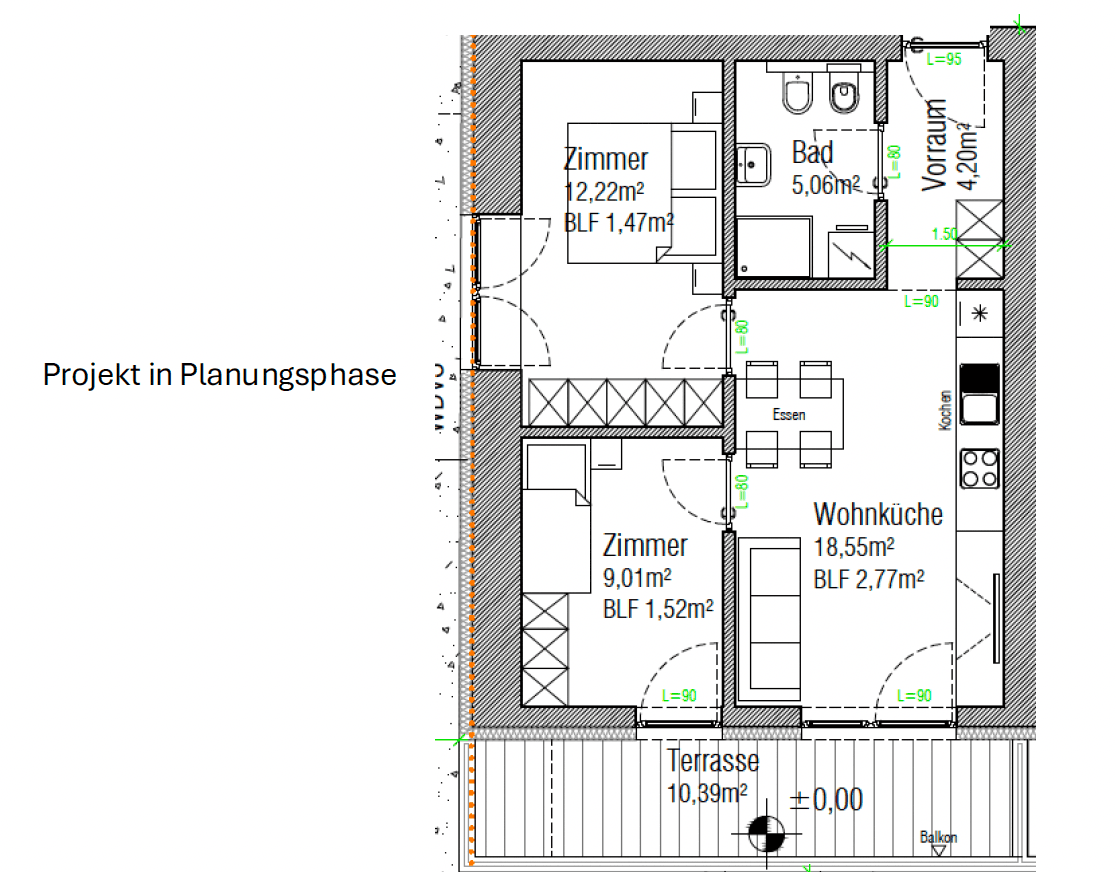Grundriss einer Wohnung mit zwei Schlafzimmern, Wohnküche, Bad und Terrasse.