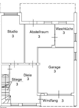 Grundriss des Erdgeschosses mit Studio, Abstellraum, Waschküche, Garage und Windfangbereich.