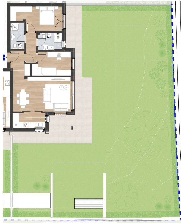 Detaillierter Grundriss einer Wohnung mit großem Garten und Terrasse.