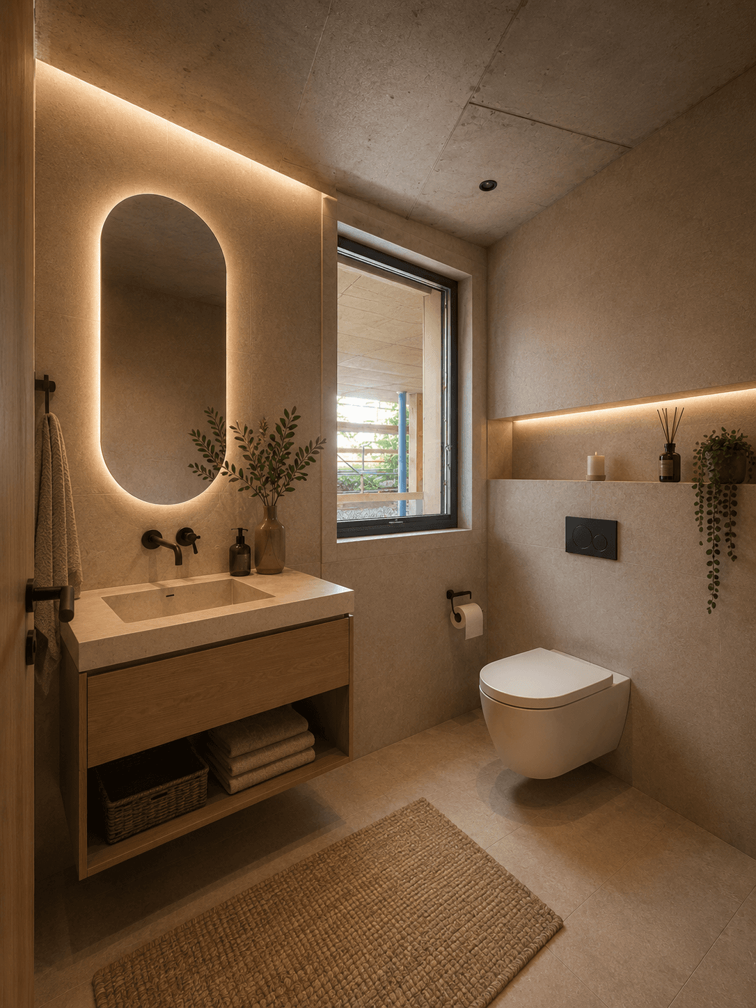 Elegantes Gäste-WC mit modernem Waschtisch, Wand-WC und indirekter Beleuchtung am Spiegel.