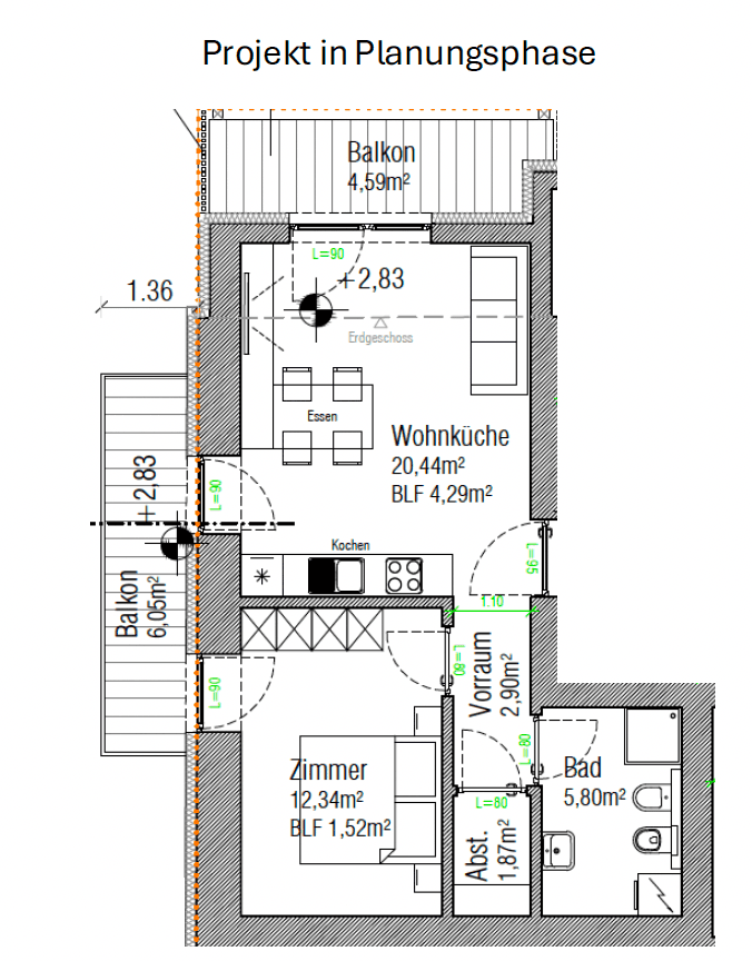 Grundriss einer Wohnung im Erdgeschoss mit Wohnküche, Schlafzimmer und zwei Balkonen.