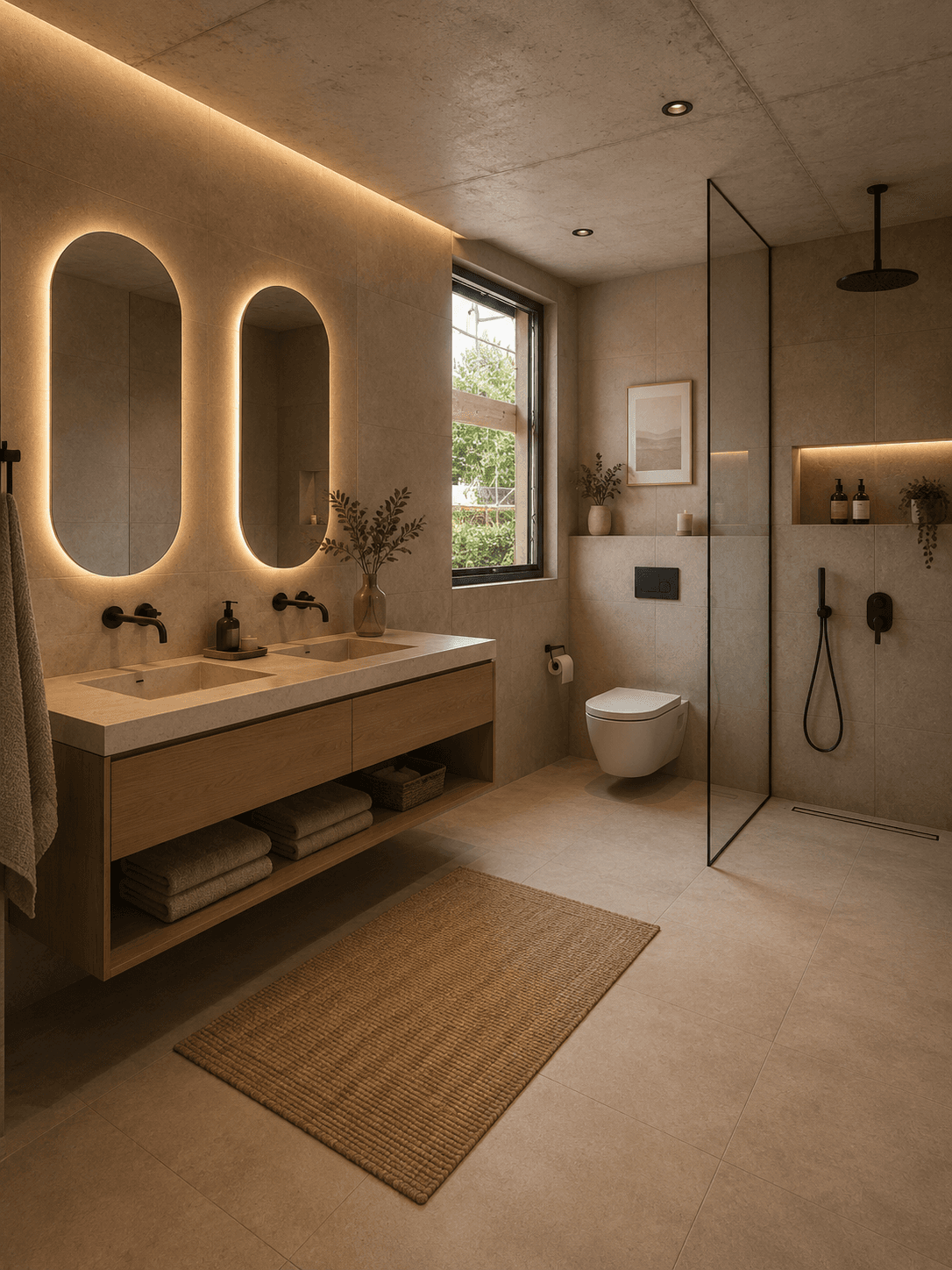 Modernes Badezimmer mit Doppelwaschbecken, begehbarer Dusche und indirekter Beleuchtung an den Spiegeln.