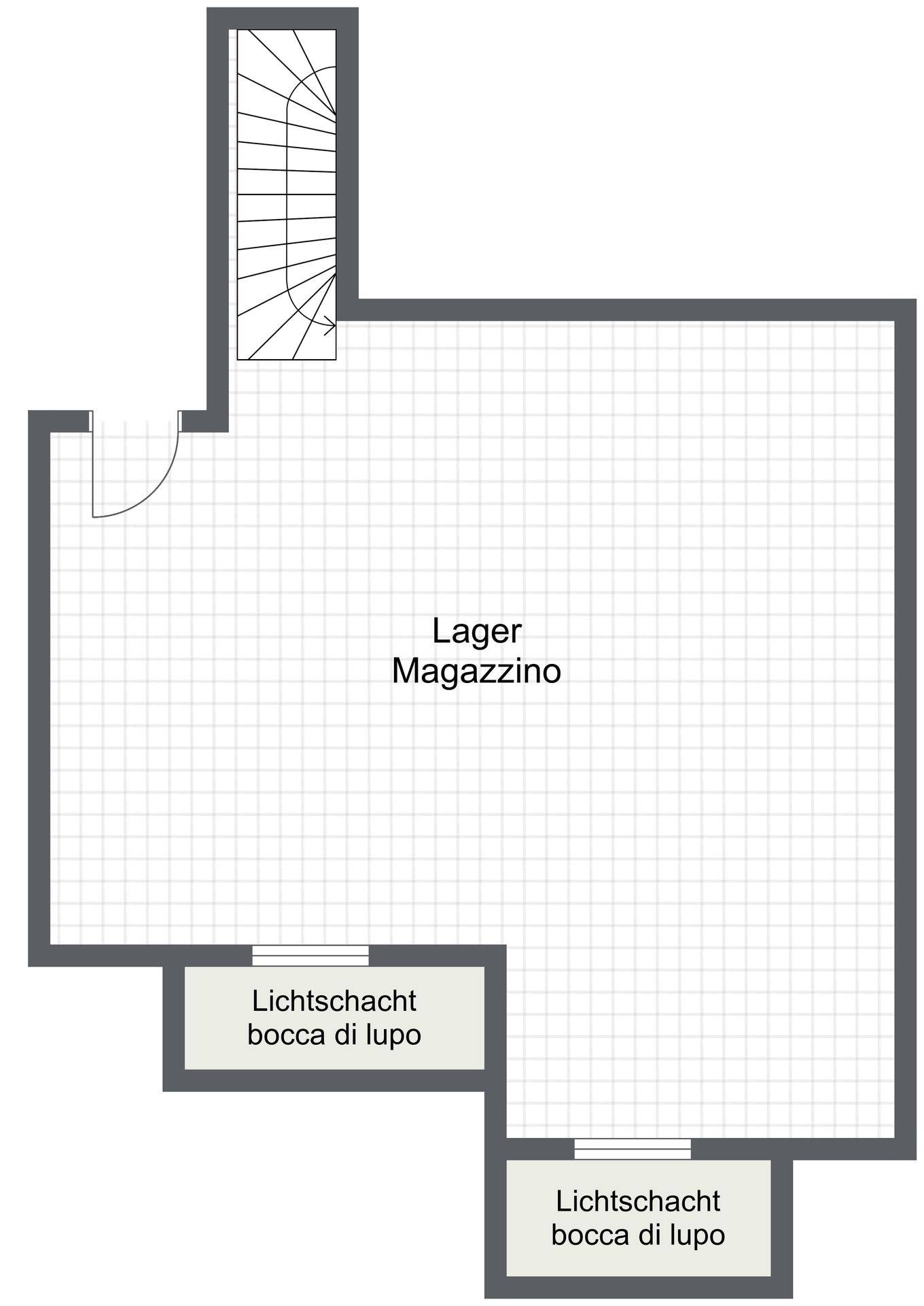 Grundriss des Untergeschosses mit Lagerfläche, Treppe und Lichtschächten.
