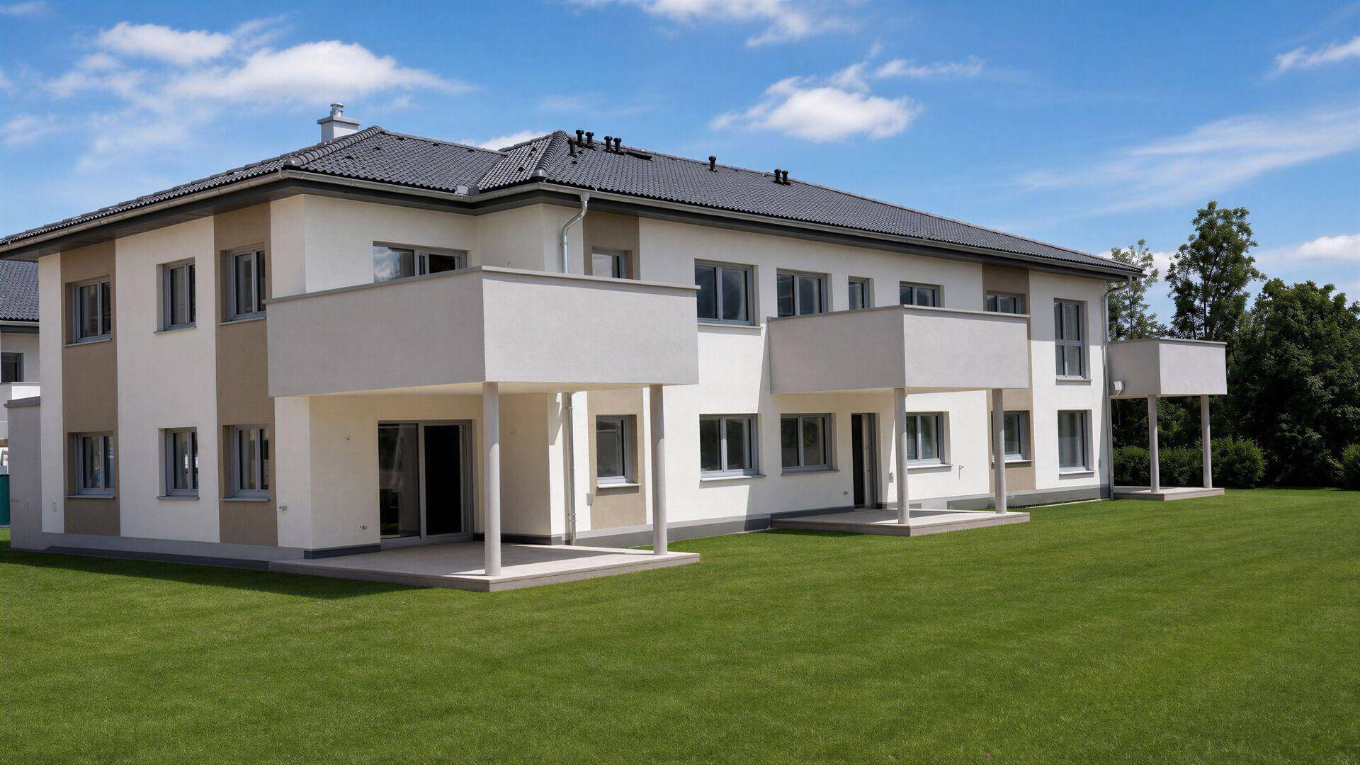 Modernes Neubaugebäude mit weißer Fassade, grauen Akzenten und gepflegtem Rasen im Vordergrund.