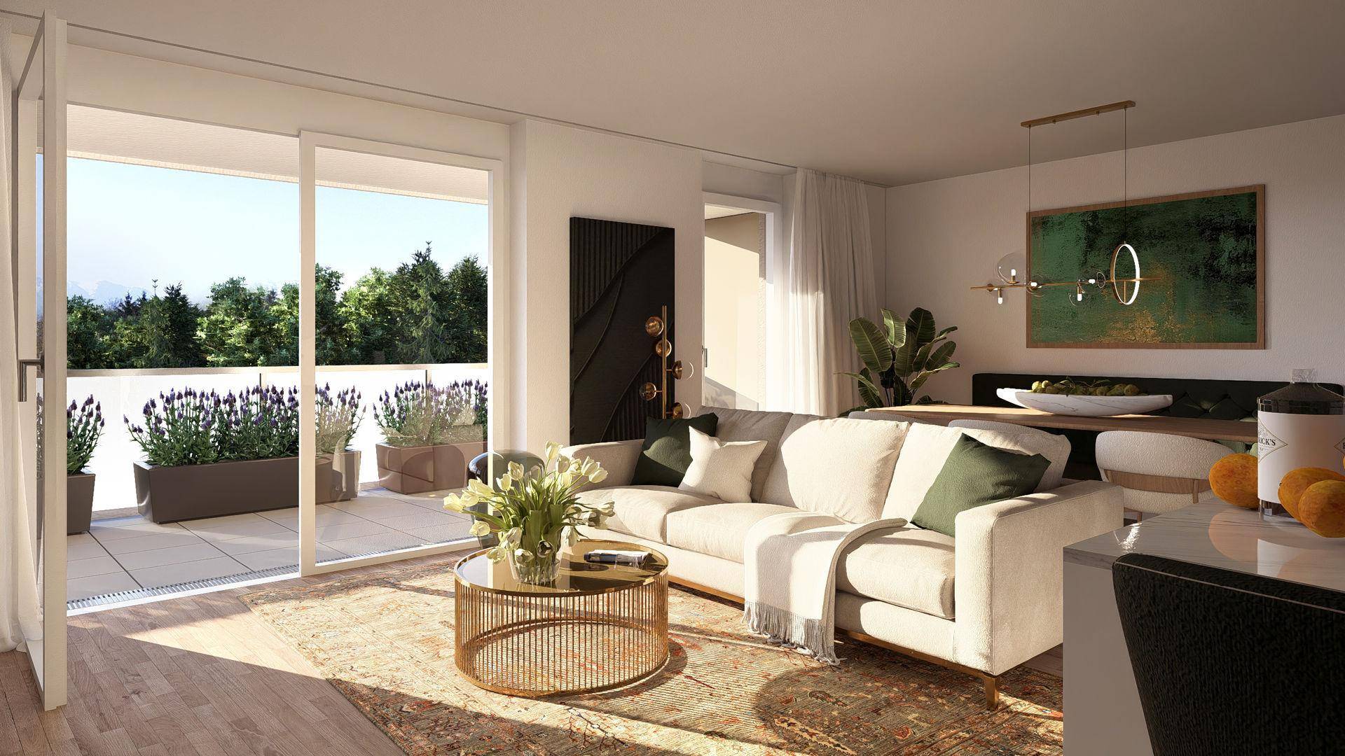 Heller Wohn-Essbereich mit modernem Design, Zugang zur Terrasse und Blick ins Grüne.