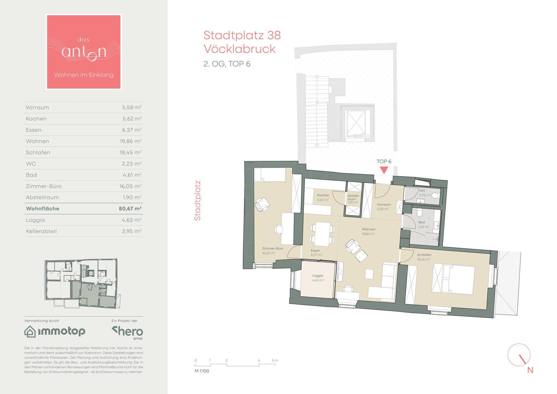 Grundriss der Wohnung Top 6 im 2. Obergeschoss mit Loggia und Kellerabteil.