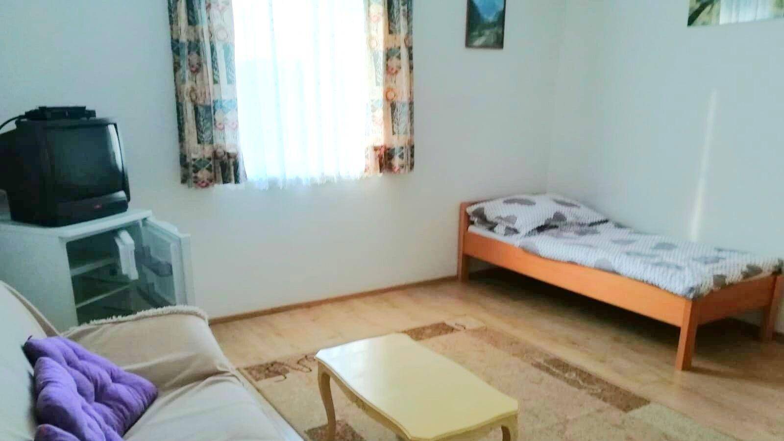 Kombinierter Schlaf- und Wohnbereich mit Einzelbett, Sofa und Fernseher.