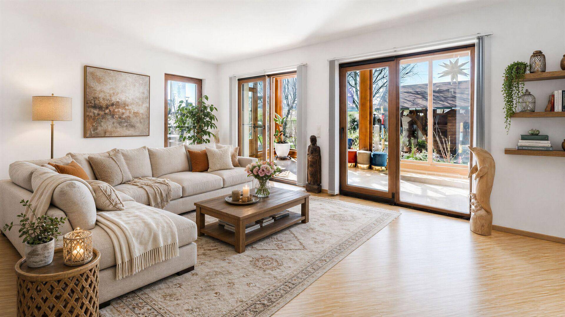 Helles Wohnzimmer mit beigem Ecksofa, Holzboden und direktem Zugang zur Terrasse.