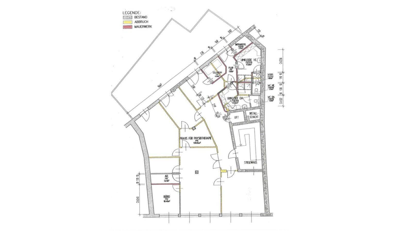 Detaillierter Grundriss mit Raumaufteilung, Maßen und Legende für Bestand, Abbruch und Mauerwerk.