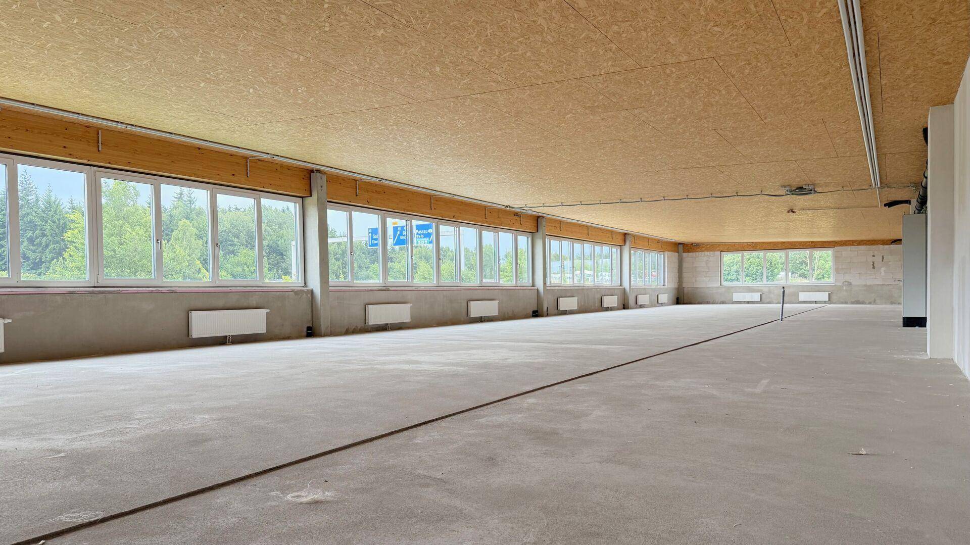 Großer, leerer Raum mit Betonboden, Holzdecke und einer Fensterfront mit Blick nach draußen.