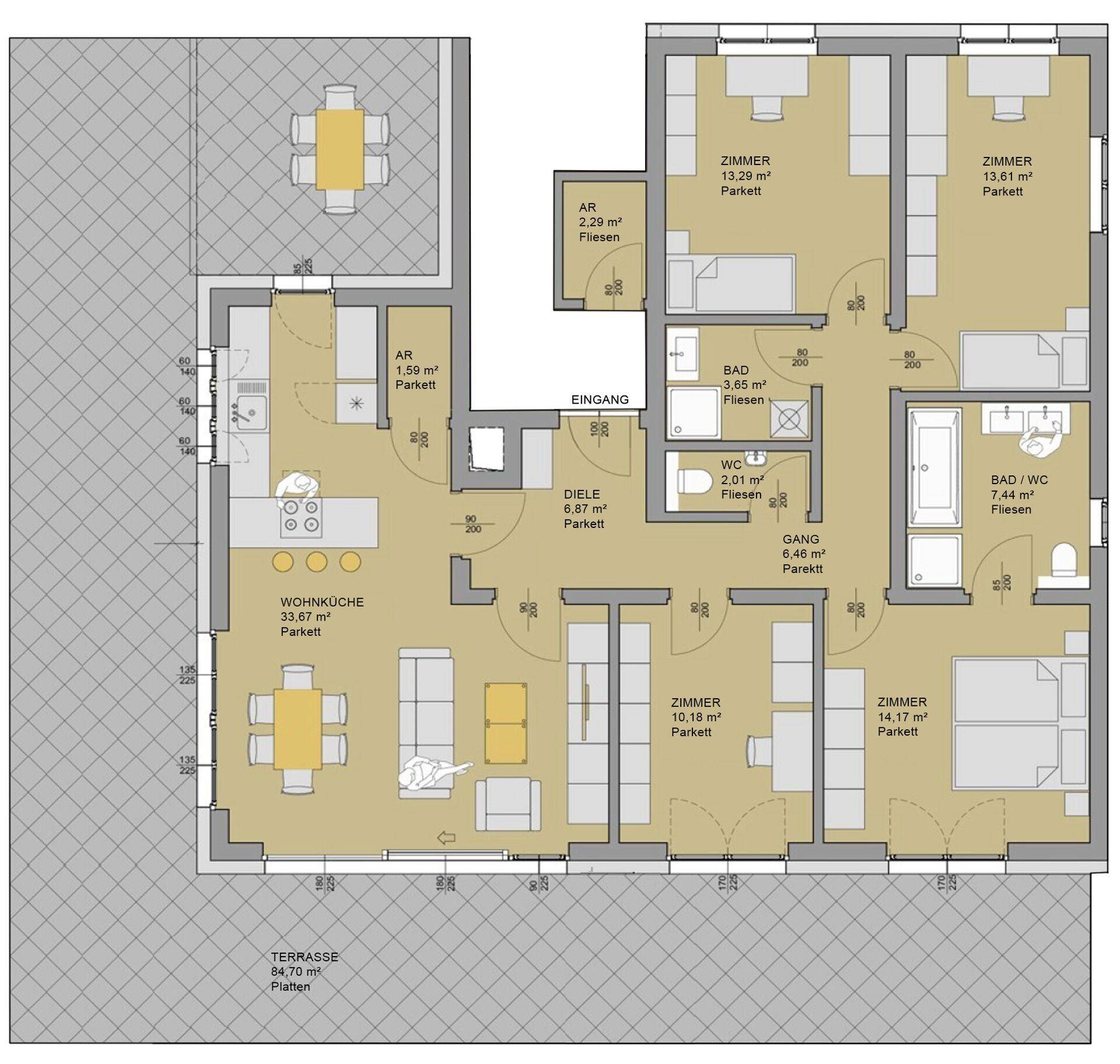 Detaillierter Grundriss einer Wohnung mit großer Terrasse und offenem Wohnküchenbereich.