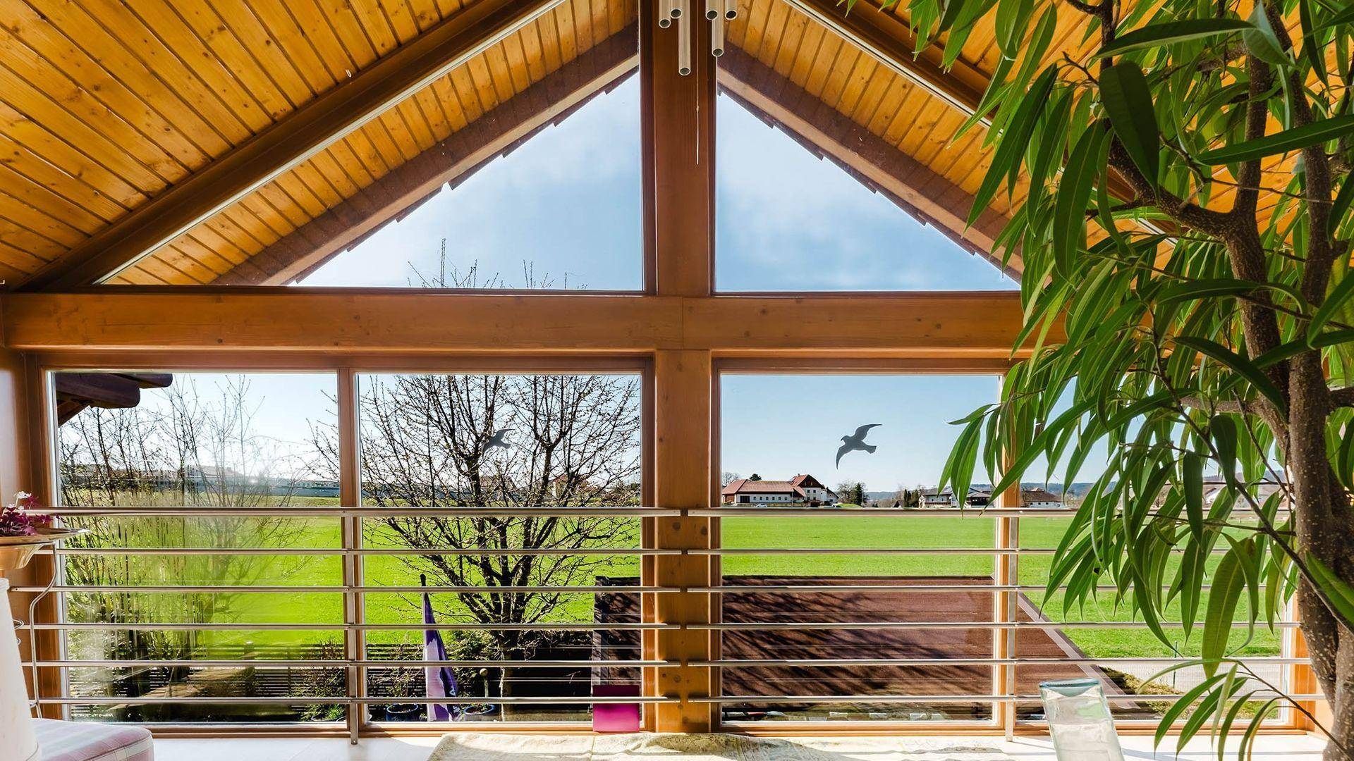 Heller Wintergarten mit großen Fenstern, Holzbalkendecke und weitem Blick ins Grüne.