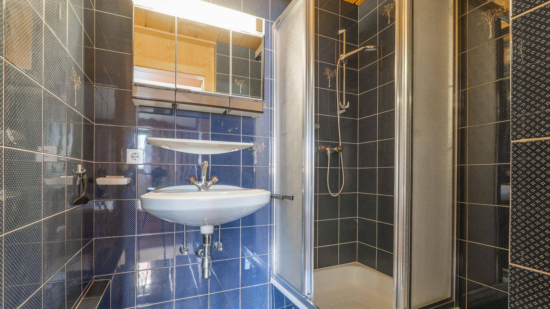 Kleines Badezimmer mit blauen Fliesen, Duschkabine und Waschbecken mit Spiegelschrank.