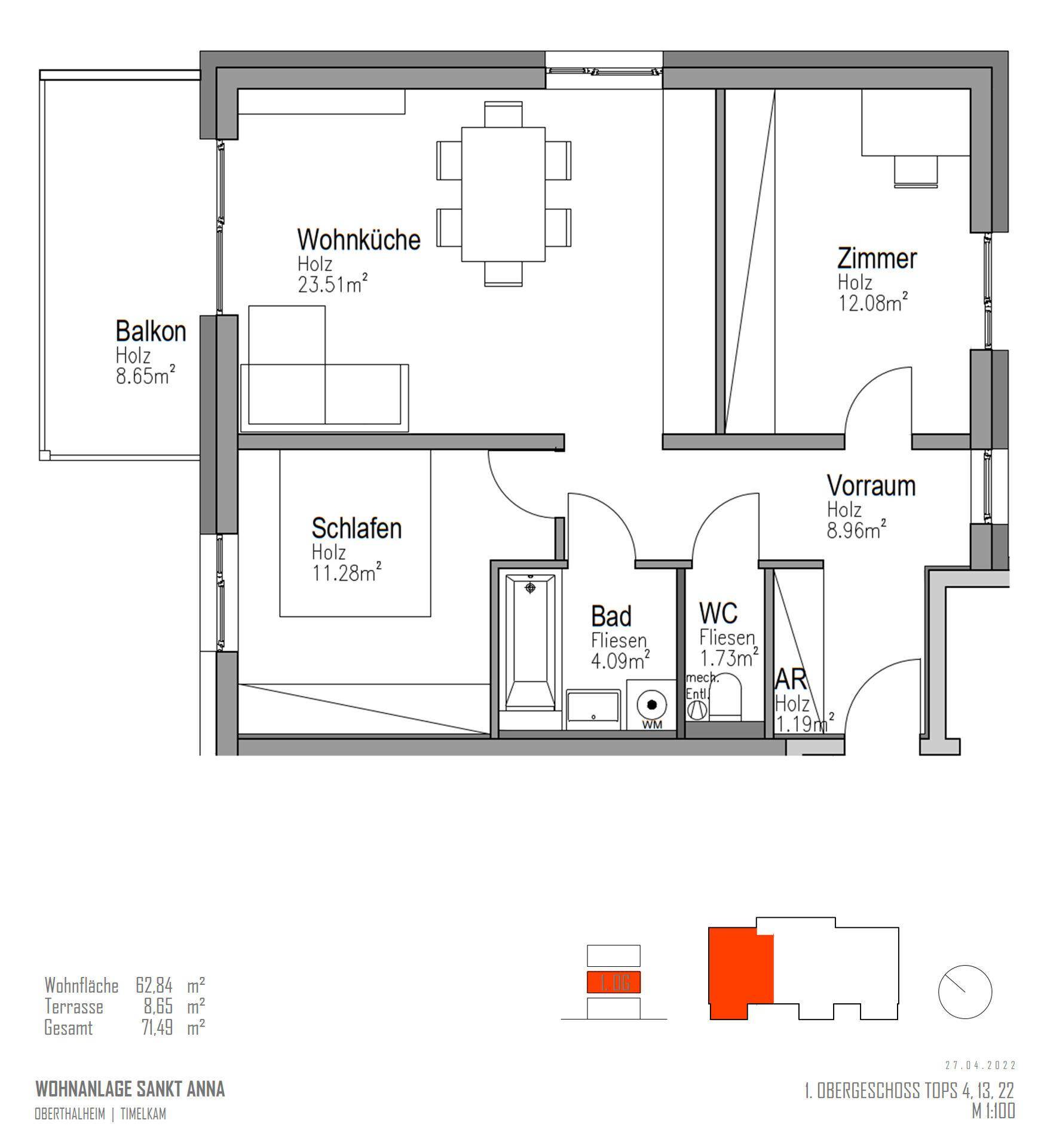 Detaillierter Grundriss einer Wohnung mit offener Wohnküche, Schlafzimmer und Balkon.