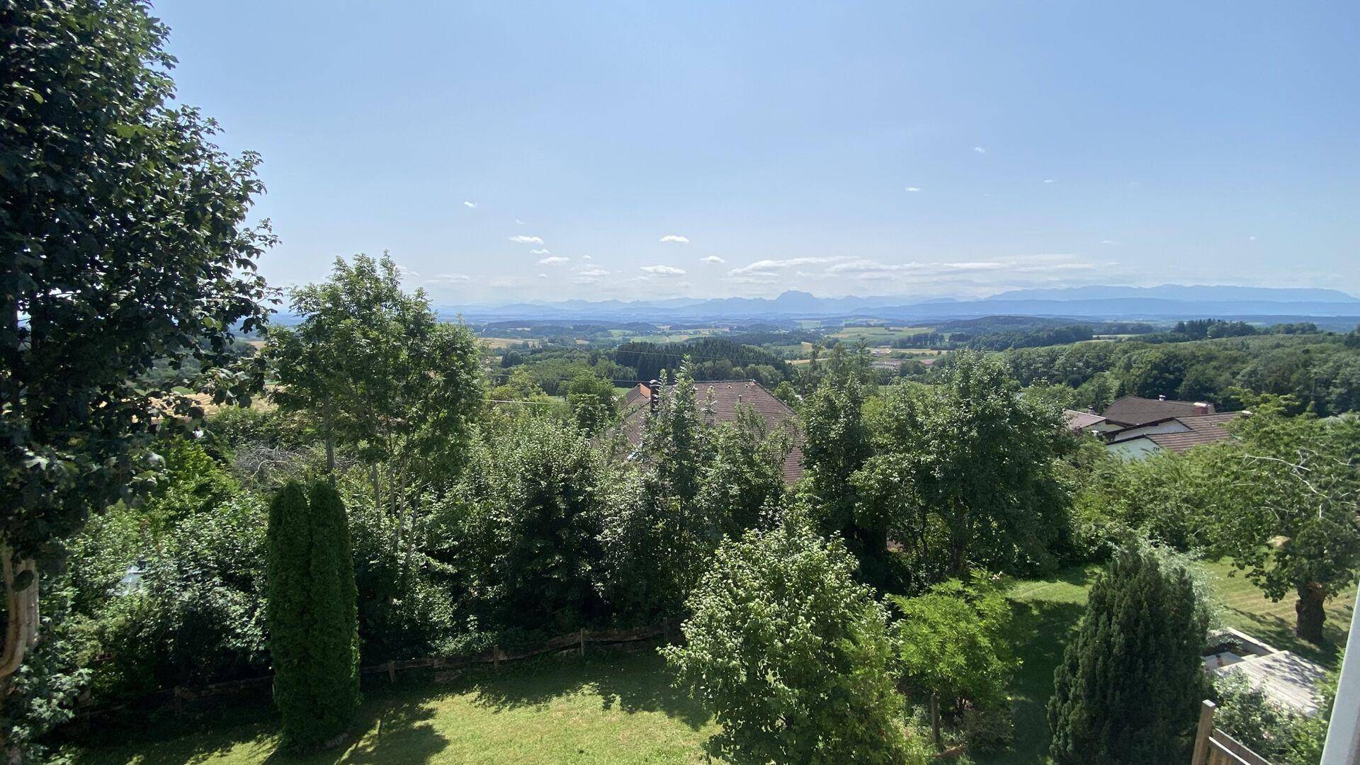Großer Gartenbereich mit Rasenfläche und vielen Bäumen, bietet viel Grün und Weitblick.