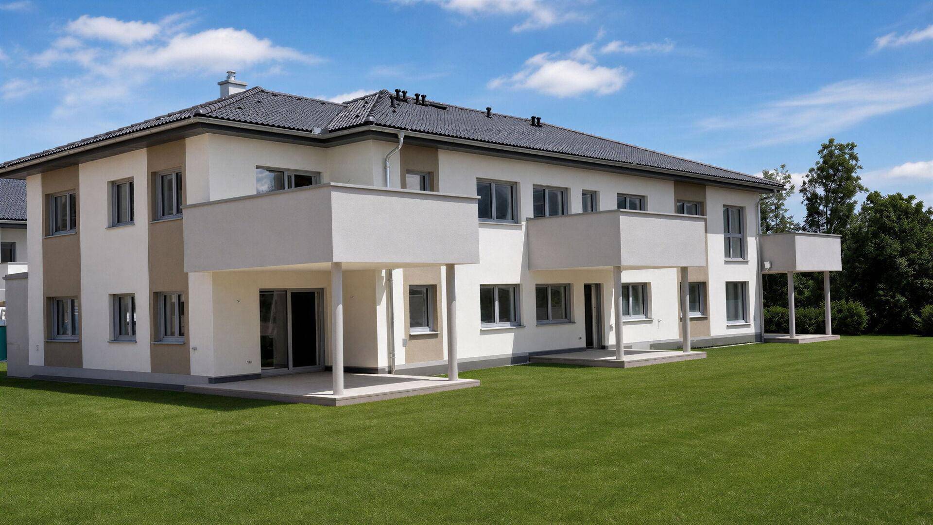 Modernes Mehrfamilienhaus mit Balkonen und Terrassen, umgeben von einer gepflegten Grünfläche.