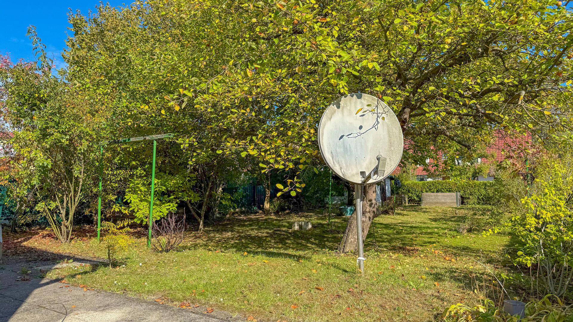 Großer, gepflegter Garten mit Rasenfläche, Obstbäumen und einer Satellitenschüssel.