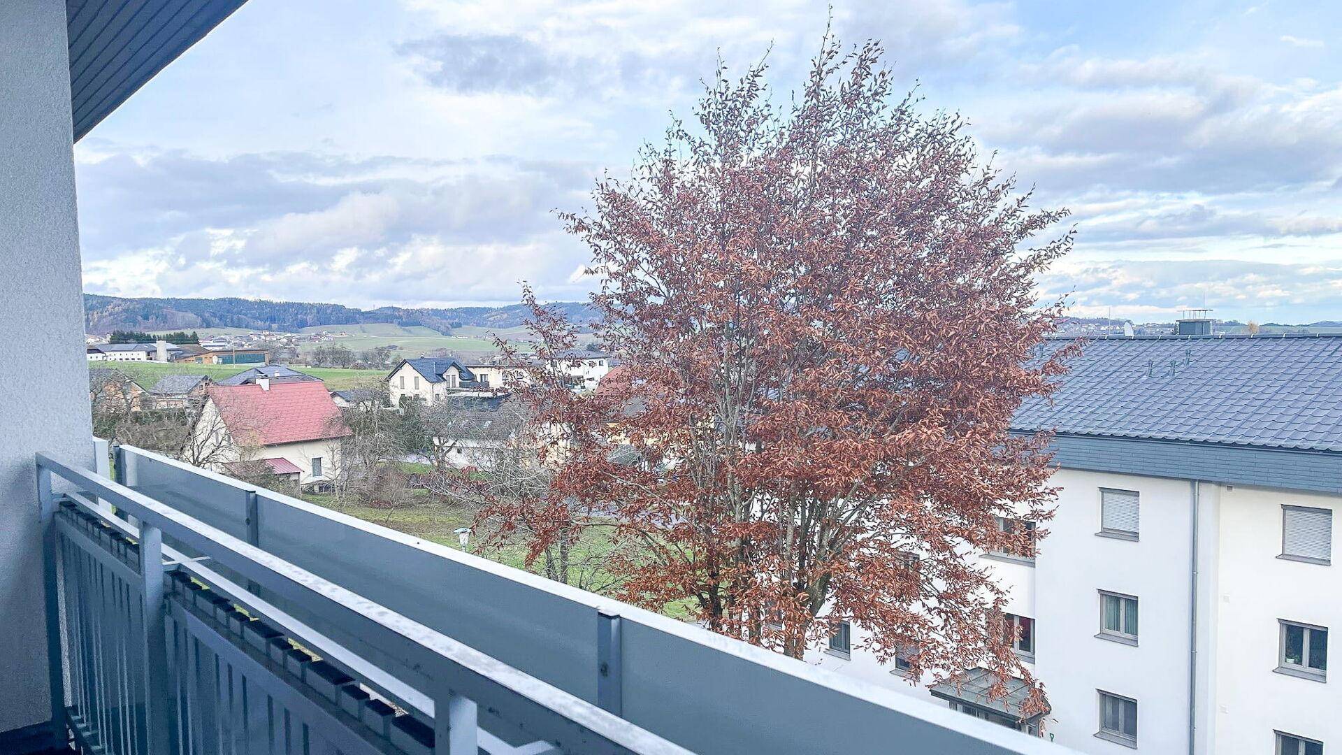 Balkon mit Weitblick über die Landschaft und umliegende Häuser.
