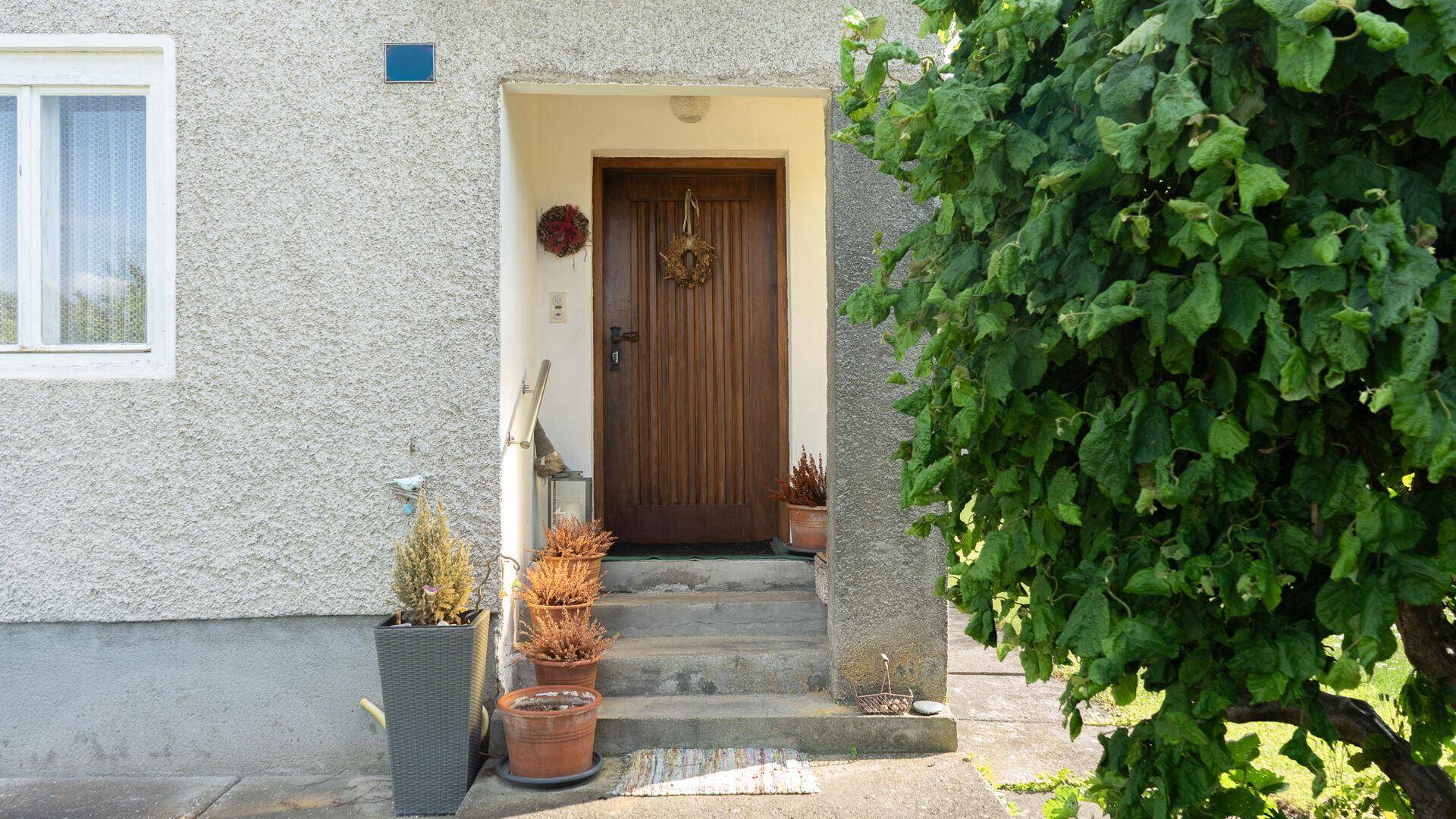 Eingangsbereich des Hauses mit Holztür und Topfpflanzen, umgeben von Grün.