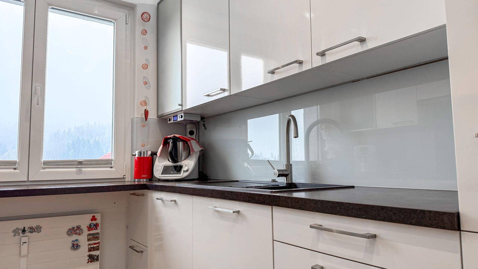 Moderne Küche mit weißen Hochglanzfronten, dunkler Arbeitsplatte und Fensterblick.
