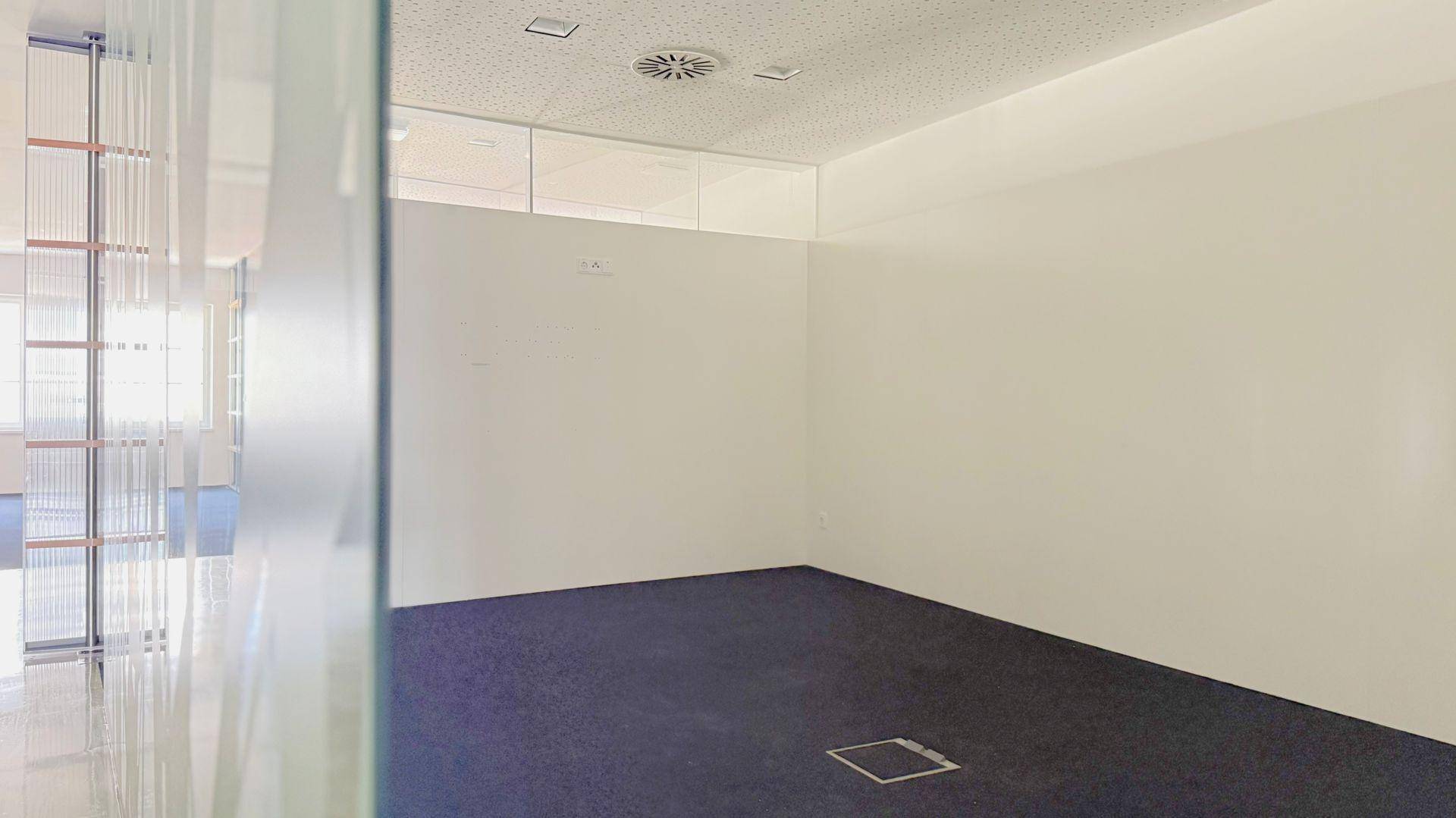 Leeres Büro mit dunklem Teppichboden, weißen Wänden und einer modernen Glaswand, die für Helligkeit sorgt.